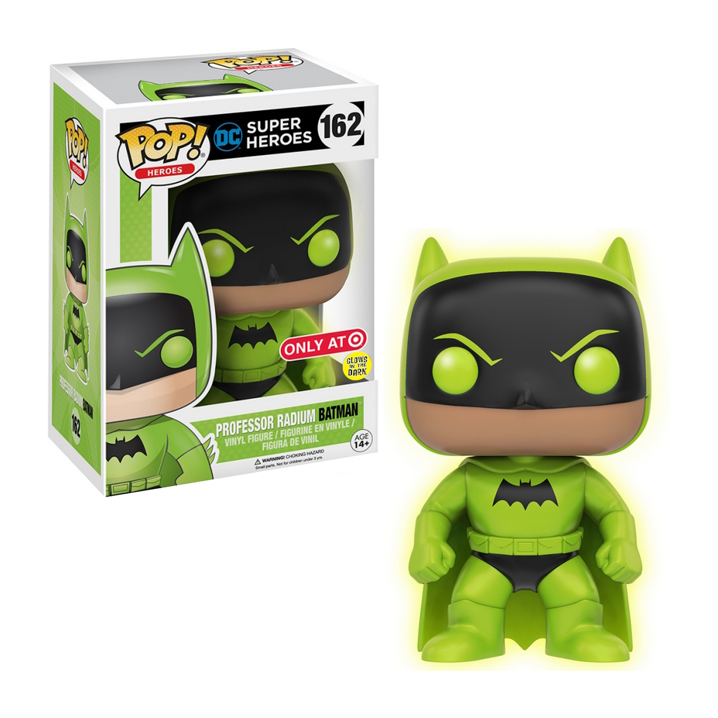 Professor Radium Batman Pop! Figur. Grüne Figur mit schwarzer Maske. In einer Box und draußen.