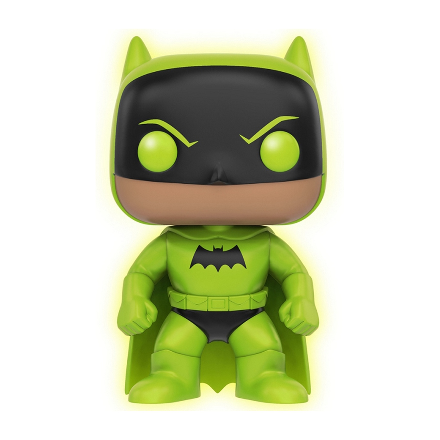 Grüne Batman-Figur mit schwarzer Maske und Brustsymbol. Leuchtende Umrisse. Weißer Hintergrund.