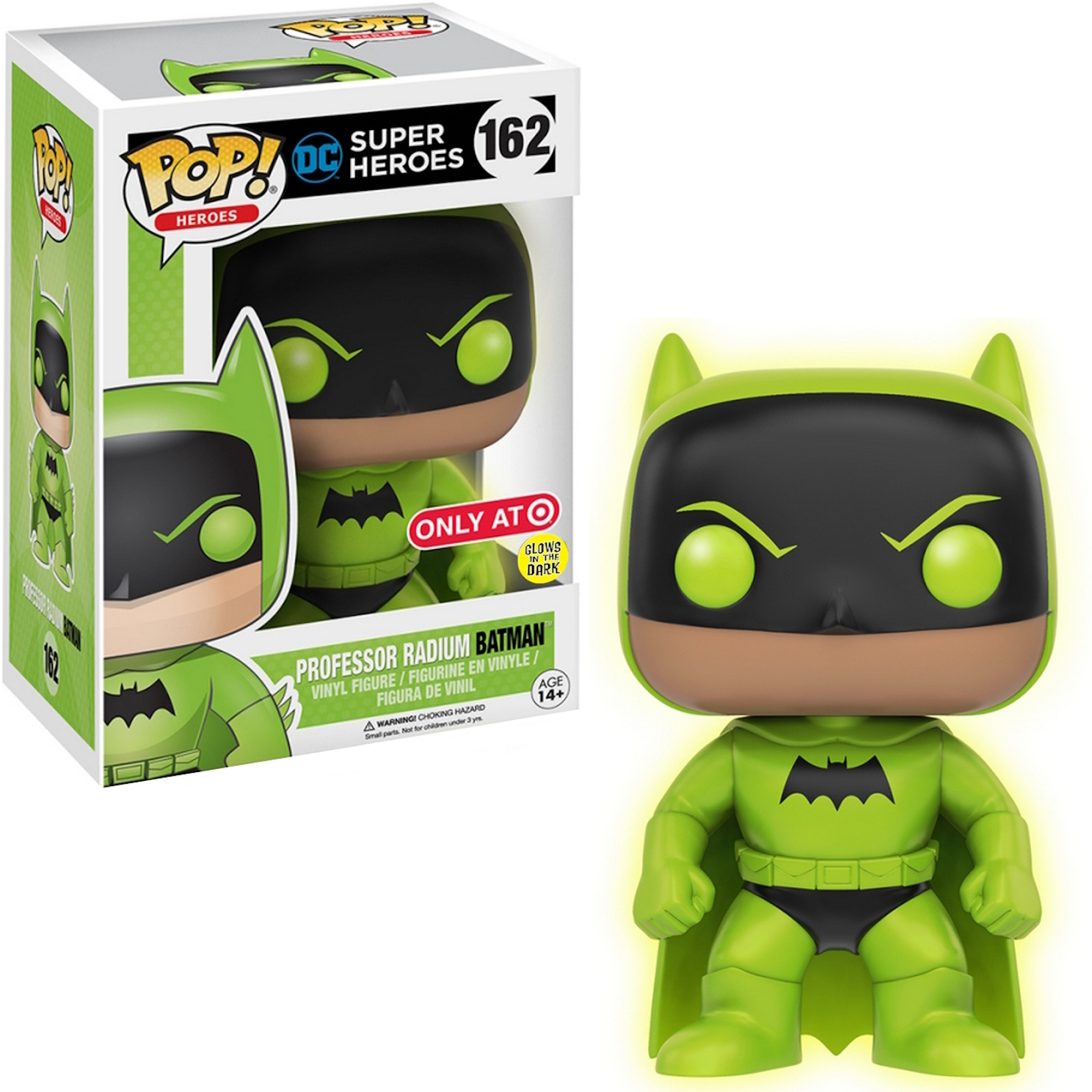 Professor Radium Batman Pop-Figur in der Box. Grüner Anzug, schwarze Maske. Grüner Leuchteffekt im Dunkeln.