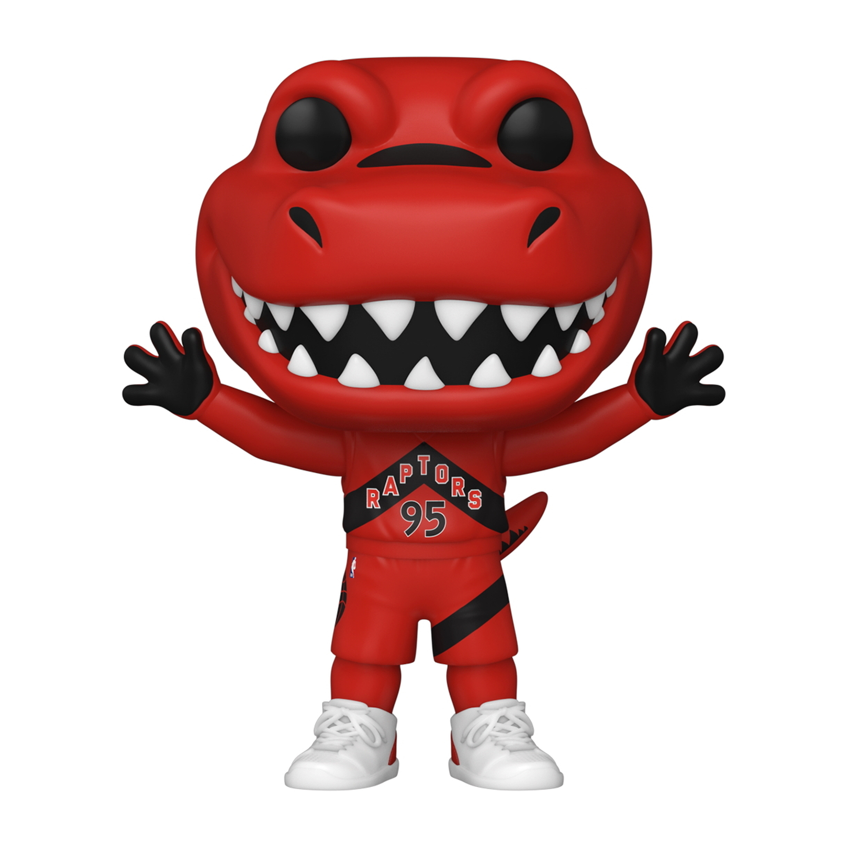 Raptors Maskottchen Funko Pop Figur, roter Dinosaurier mit Armen hoch, trägt Raptors Trikot.