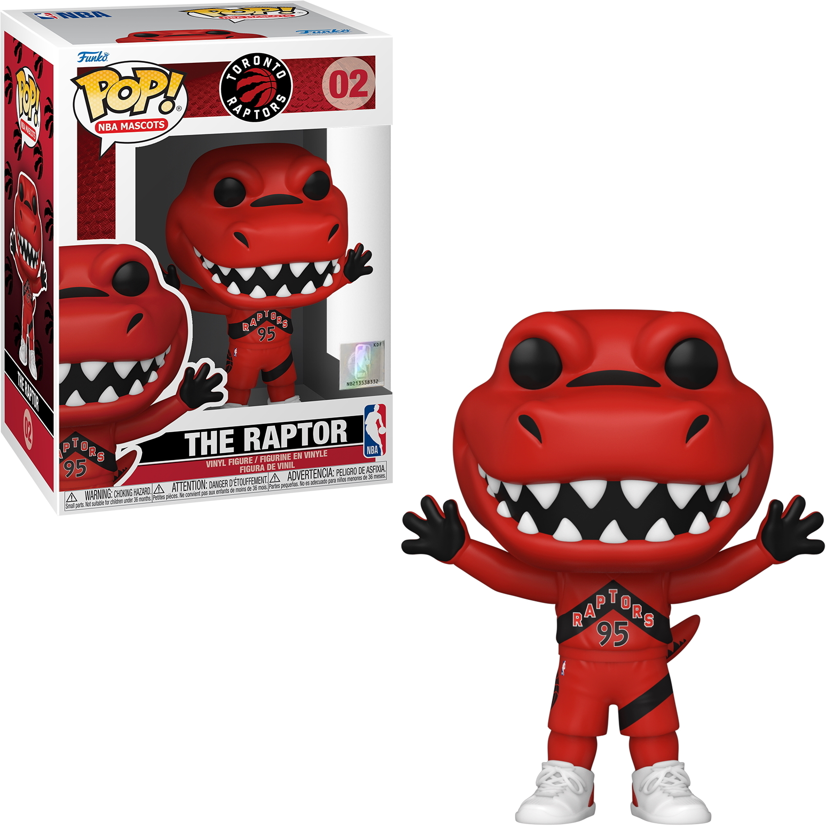 Rote Toronto Raptors Figur mit schwarzen Akzenten. In der Box, beschriftet 'The Raptor'.