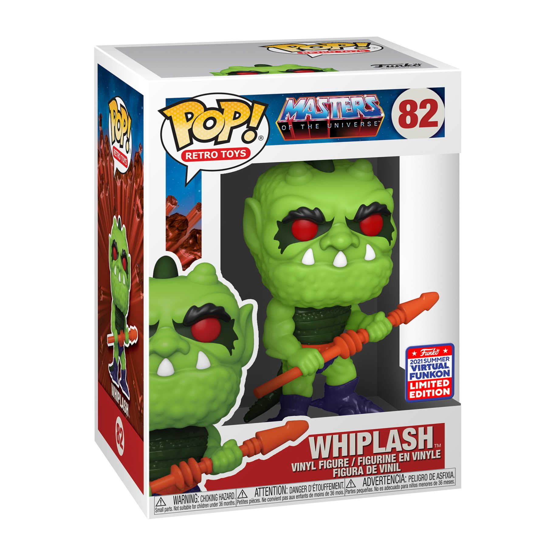 Funko Pop-Box von Whiplash. Grüne Figur mit roten Augen und orangefarbener Waffe. Die Box hat das Masters of the Universe-Logo.