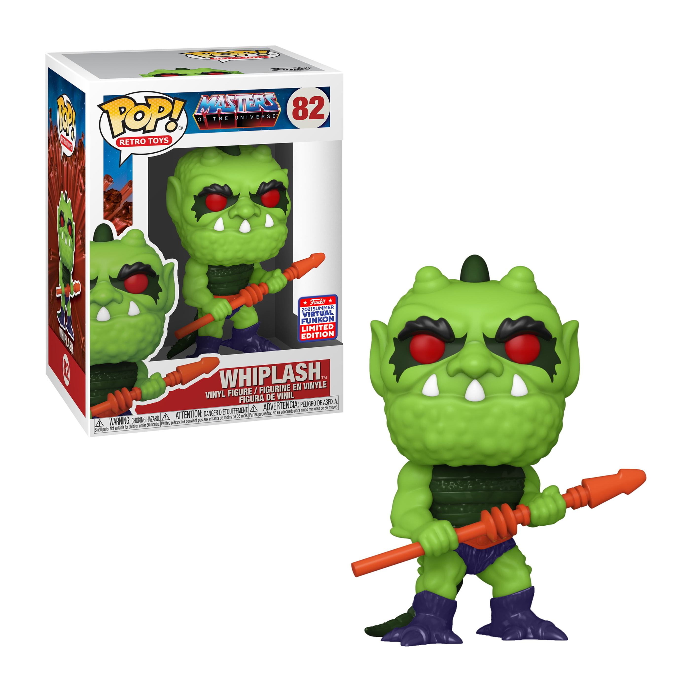 Whiplash-Figur von He-Man, mit grüner Haut, roten Augen und einem orangefarbenen Speer, in einer Box.