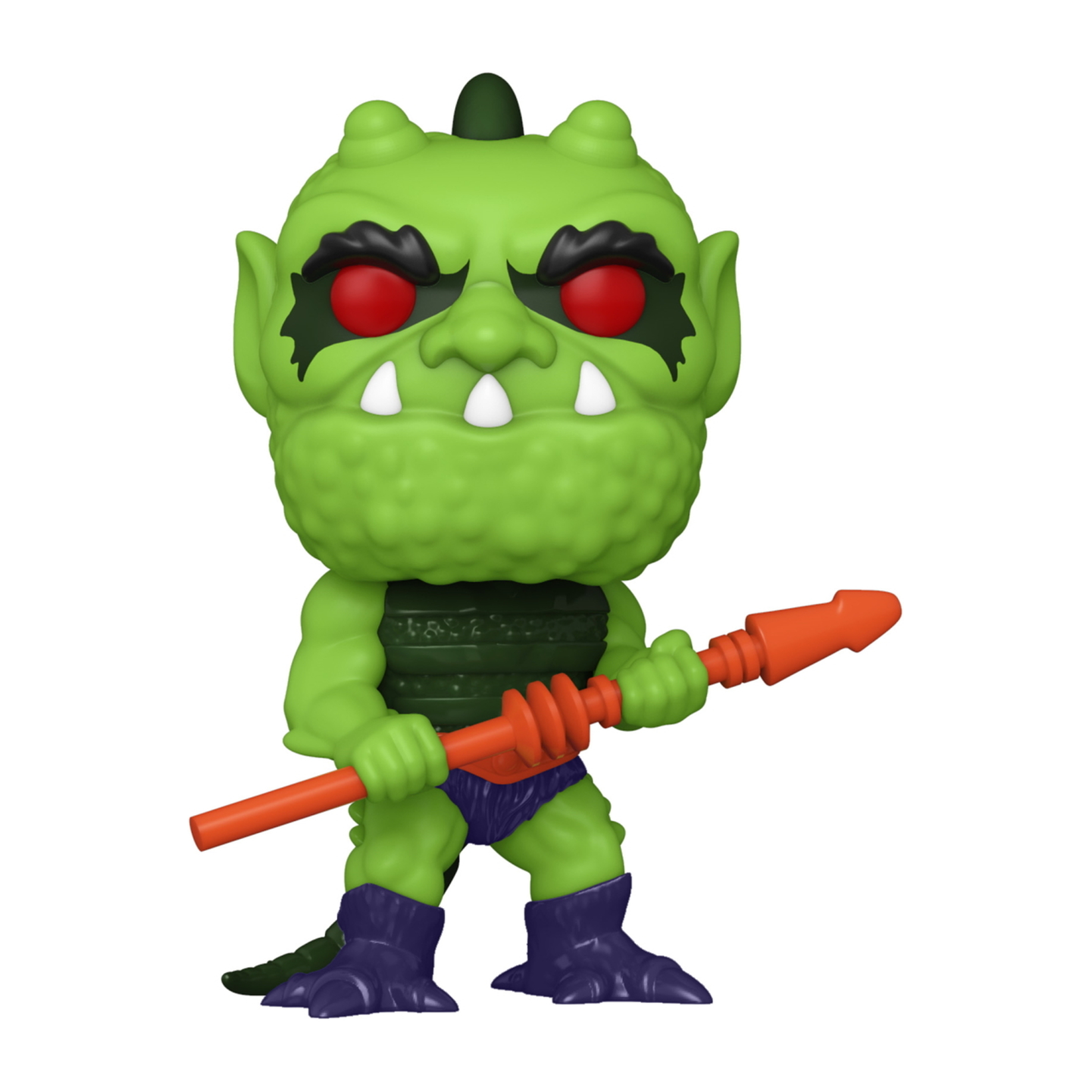 Eine grüne Monster-Funko Pop-Figur, die einen orangefarbenen Speer hält, mit roten Augen.