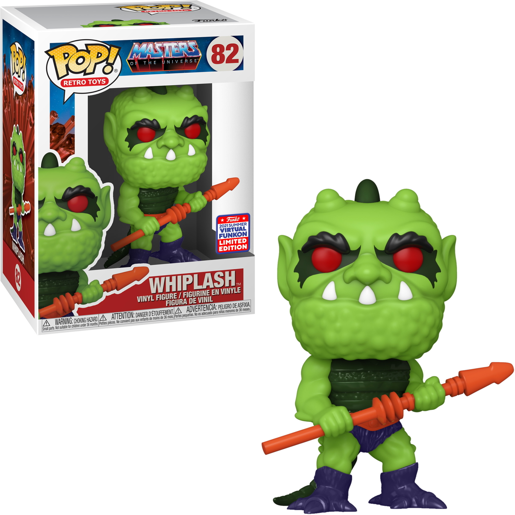 Funko Pop Figur von Whiplash aus He-Man. Grüne Figur, hält einen orangefarbenen Speer. Weißer Hintergrund.