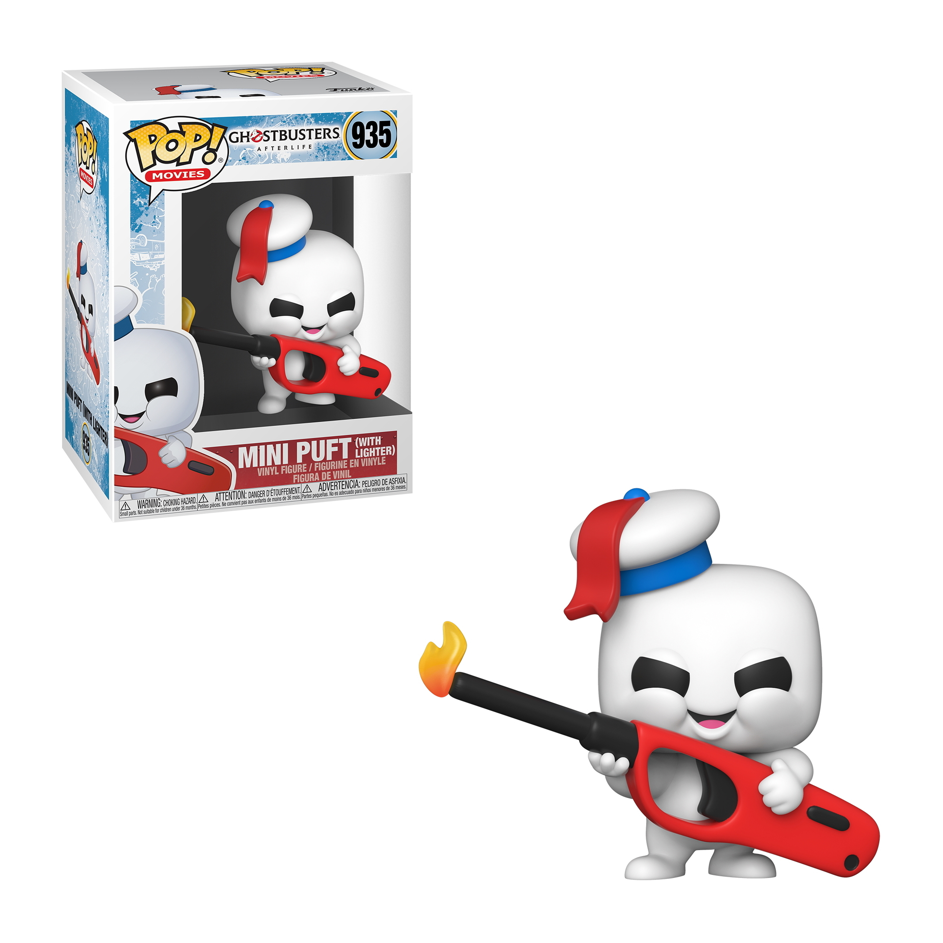 Mini Puft-Figur aus Ghostbusters, die ein rotes Feuerzeug hält. Er hat einen blauen Hut und einen roten Schal.