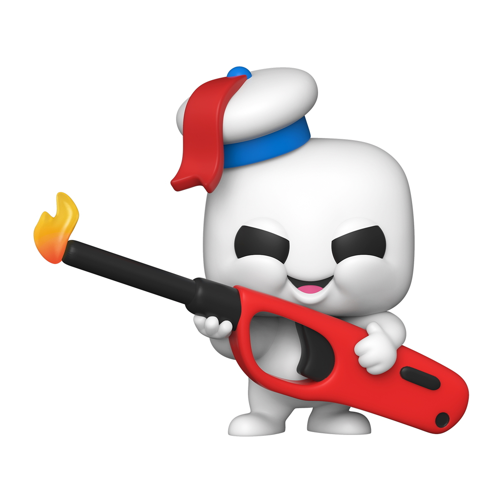 Weißer Stay Puft Marshmallow Man hält ein rotes Feuerzeug mit gelber Flamme.