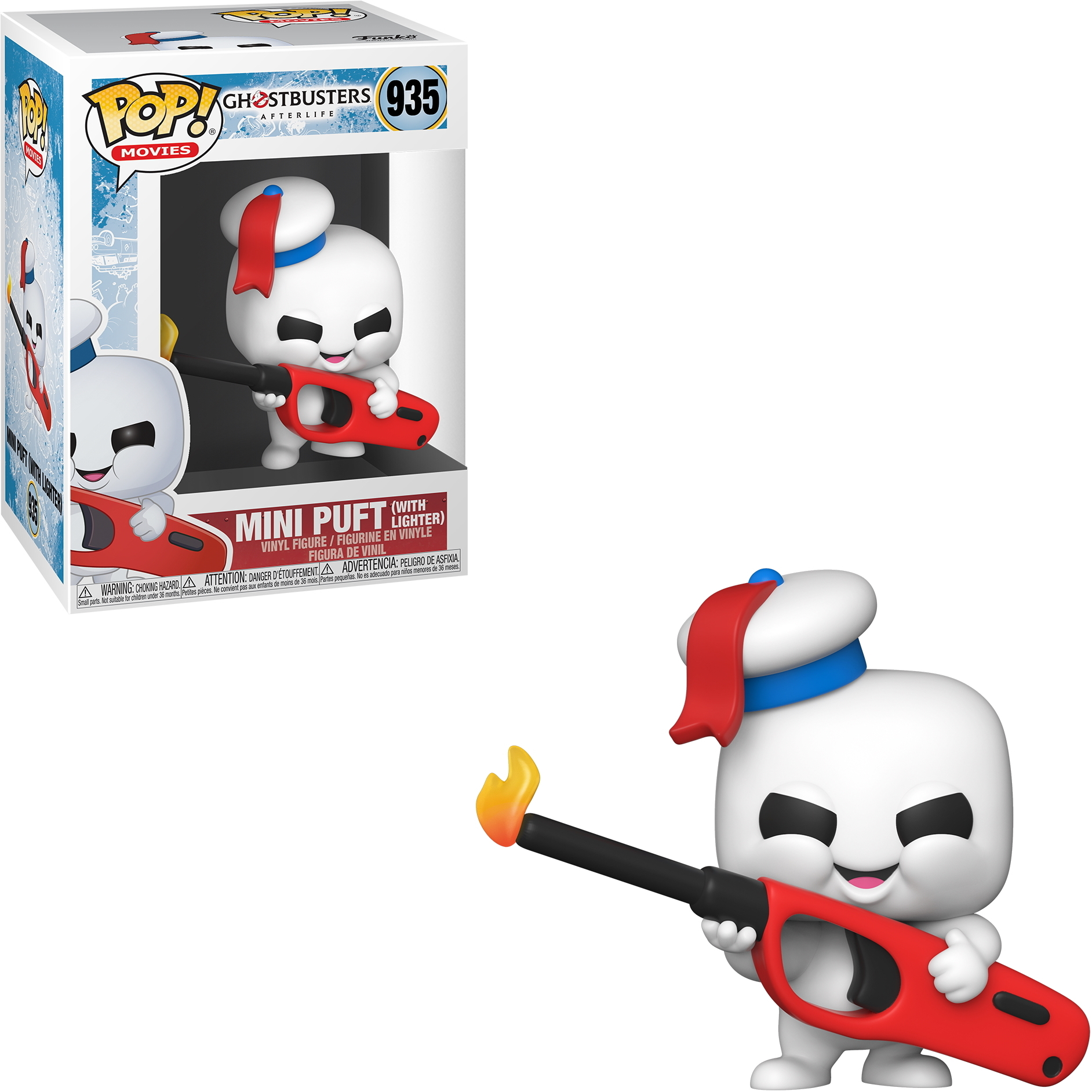 Mini Puft-Figur, die ein rotes Feuerzeug mit Flamme hält. Sie ist in einer Box.