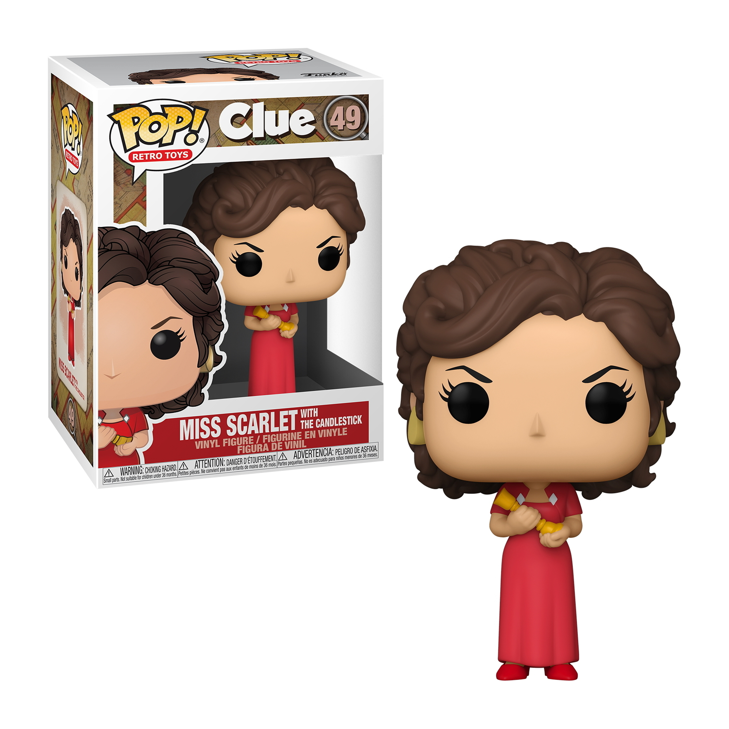 Miss Scarlet Funko Pop-Figur in rotem Kleid, hält einen Kerzenhalter, mit Box. Basierend auf dem Cluedo-Brettspiel.