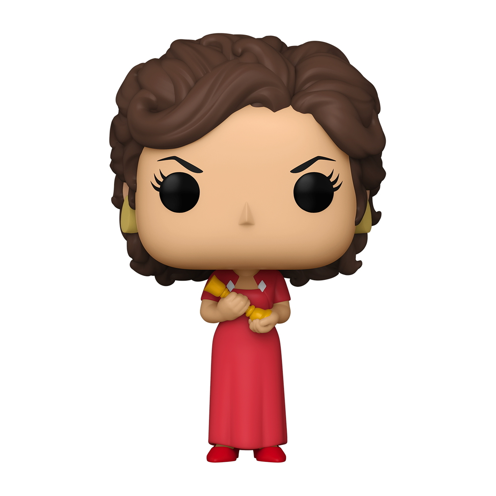 Funko Pop-Figur, Frau in rotem Kleid, hält goldenen Gegenstand. Braune Haare, schwarze Augen, weißer Hintergrund.