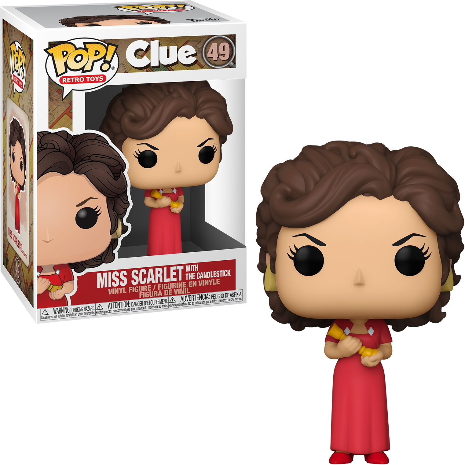 Funko Pop-Figur von Miss Scarlet mit dem Kerzenleuchter aus dem Cluedo-Spiel, weißer Hintergrund.