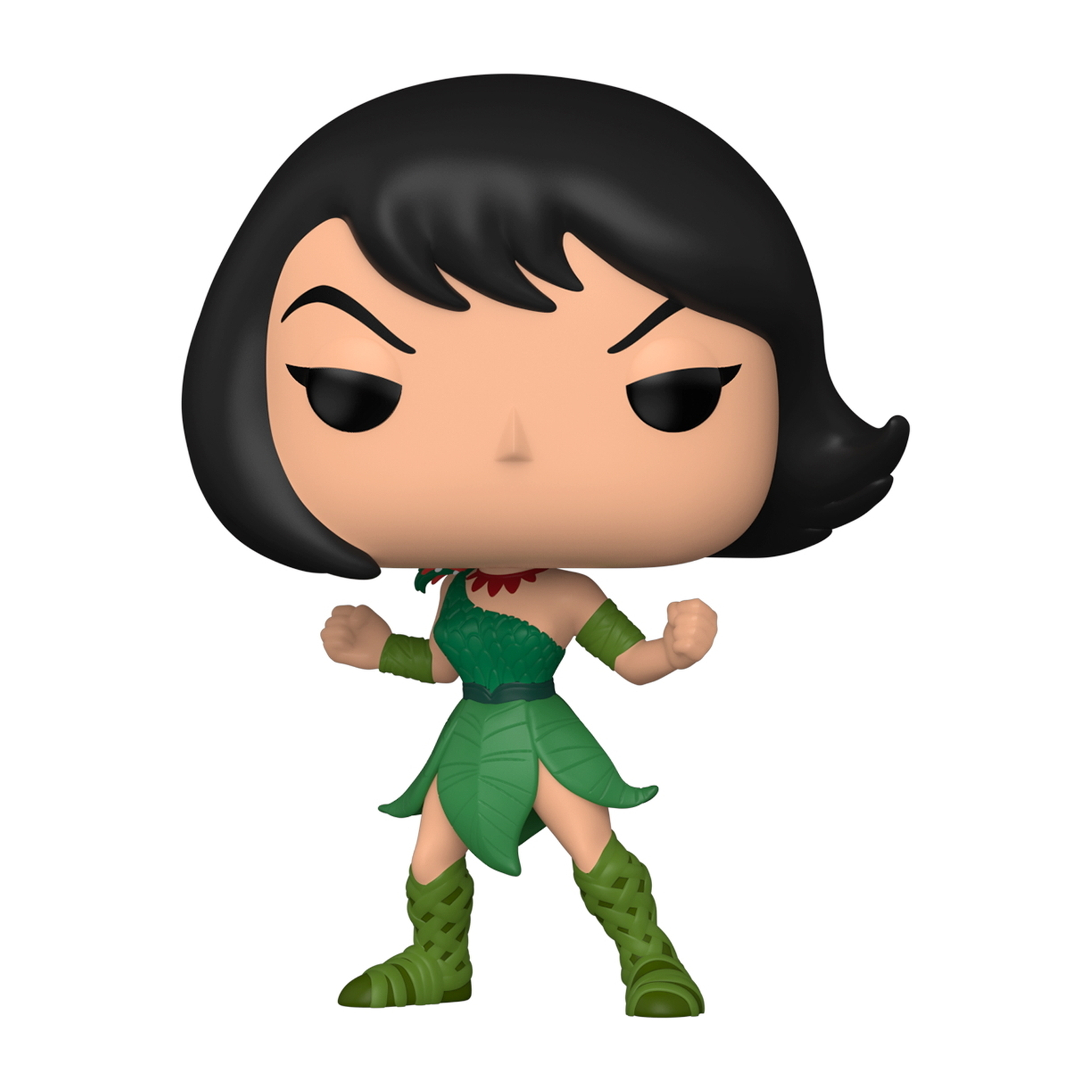 Eine Funko Pop Figur einer Frau in einem grünen Outfit, Fäuste geballt, mit schwarzem Haar.