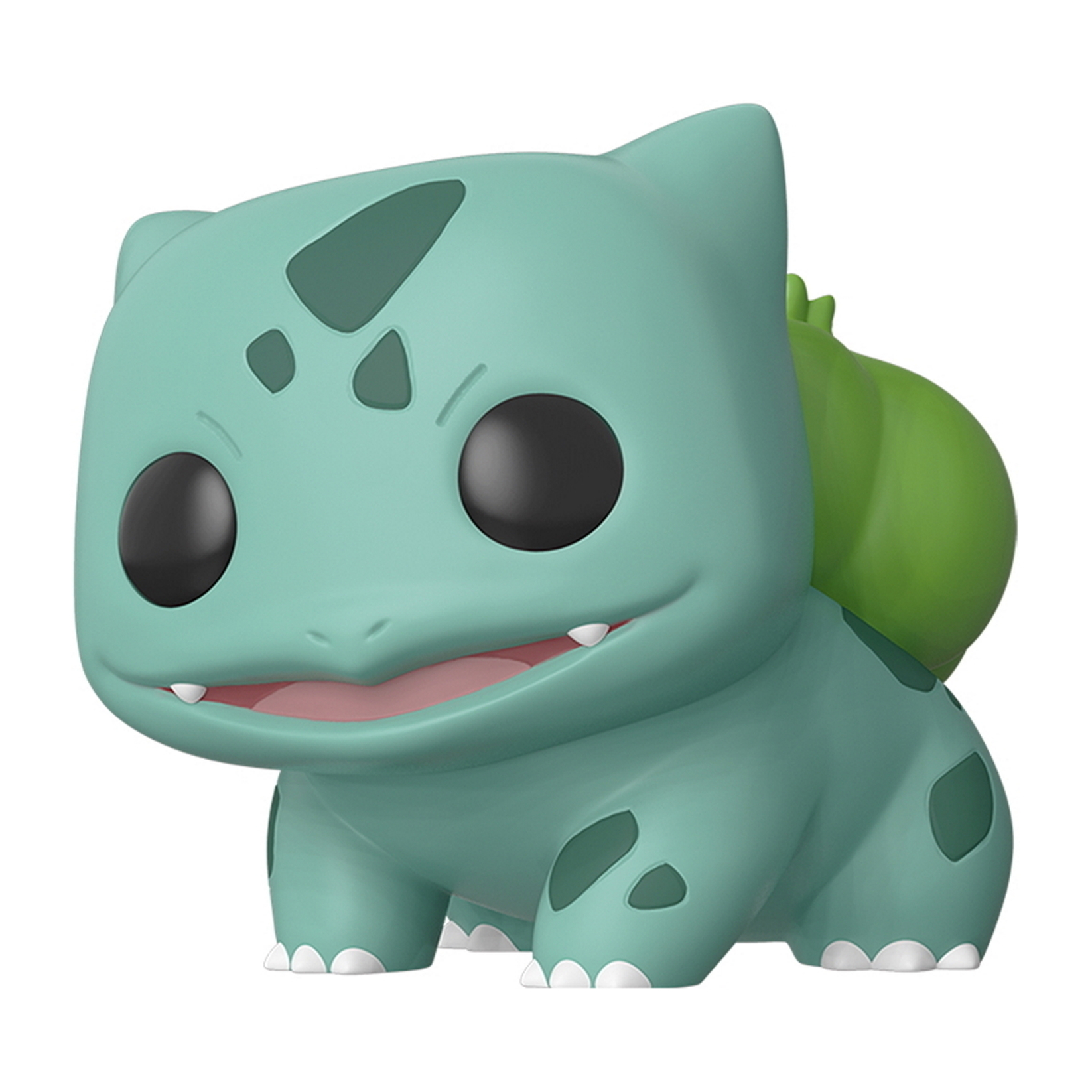 Bulbasaur Funko Pop Figur. Grün mit dunkleren Flecken. Große schwarze Augen, offener Mund und Knolle auf dem Rücken.
