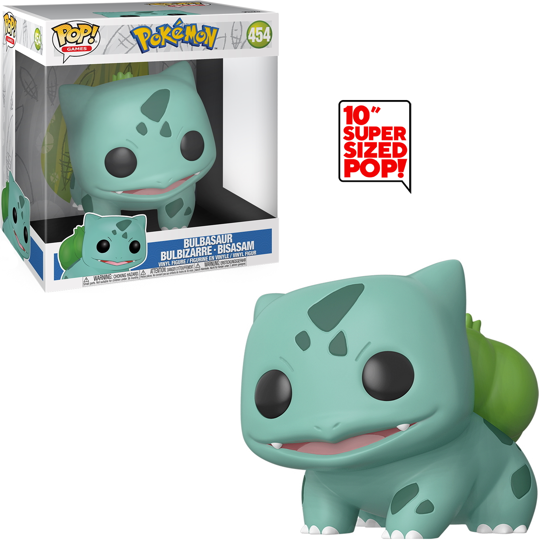 Funko Pop! Bulbasaur Figur, grün, lächelnd, mit Box und Blase.