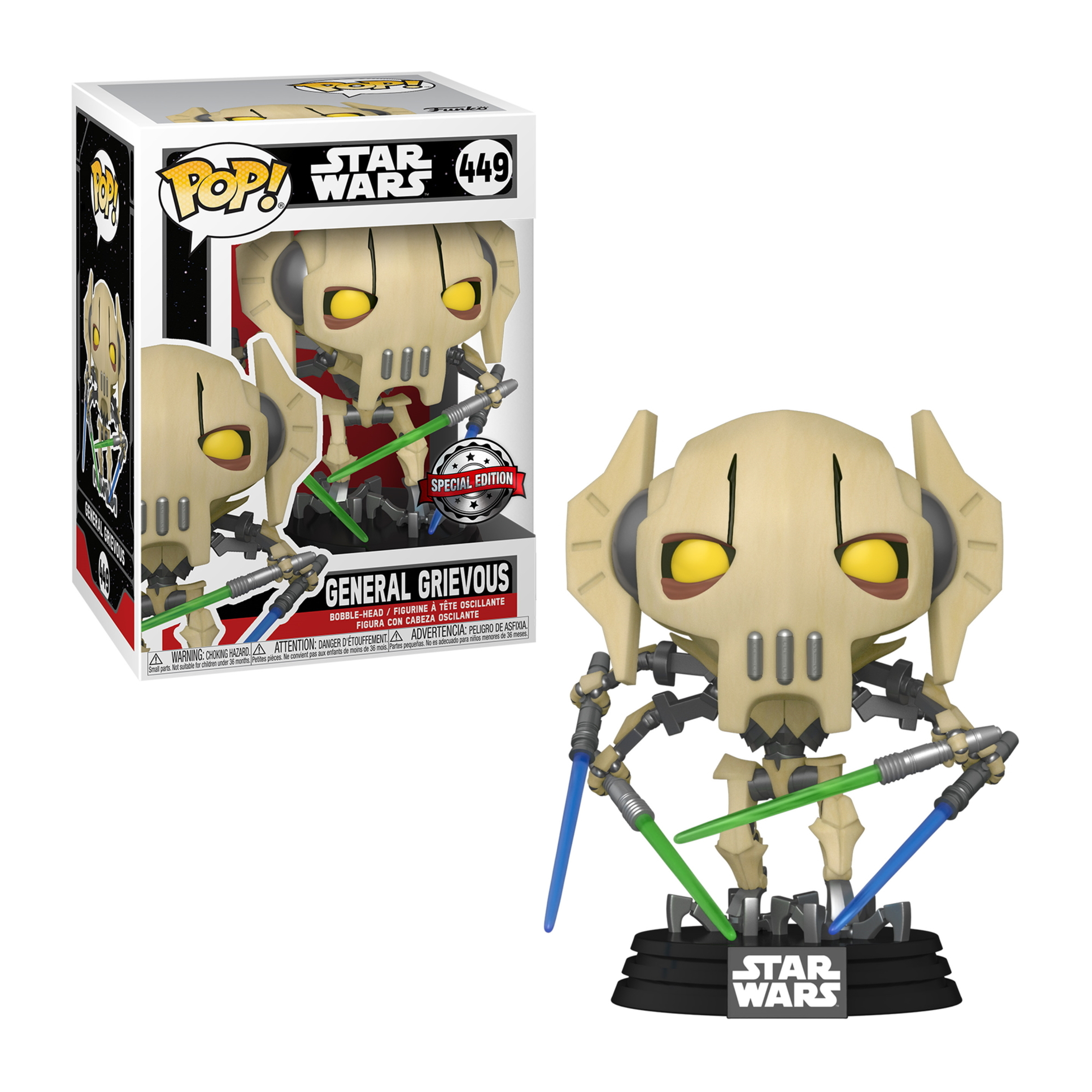 General Grievous Funko Pop Figur. Vier Arme mit Lichtschwertern. Beige Haut und schwarze Basis.
