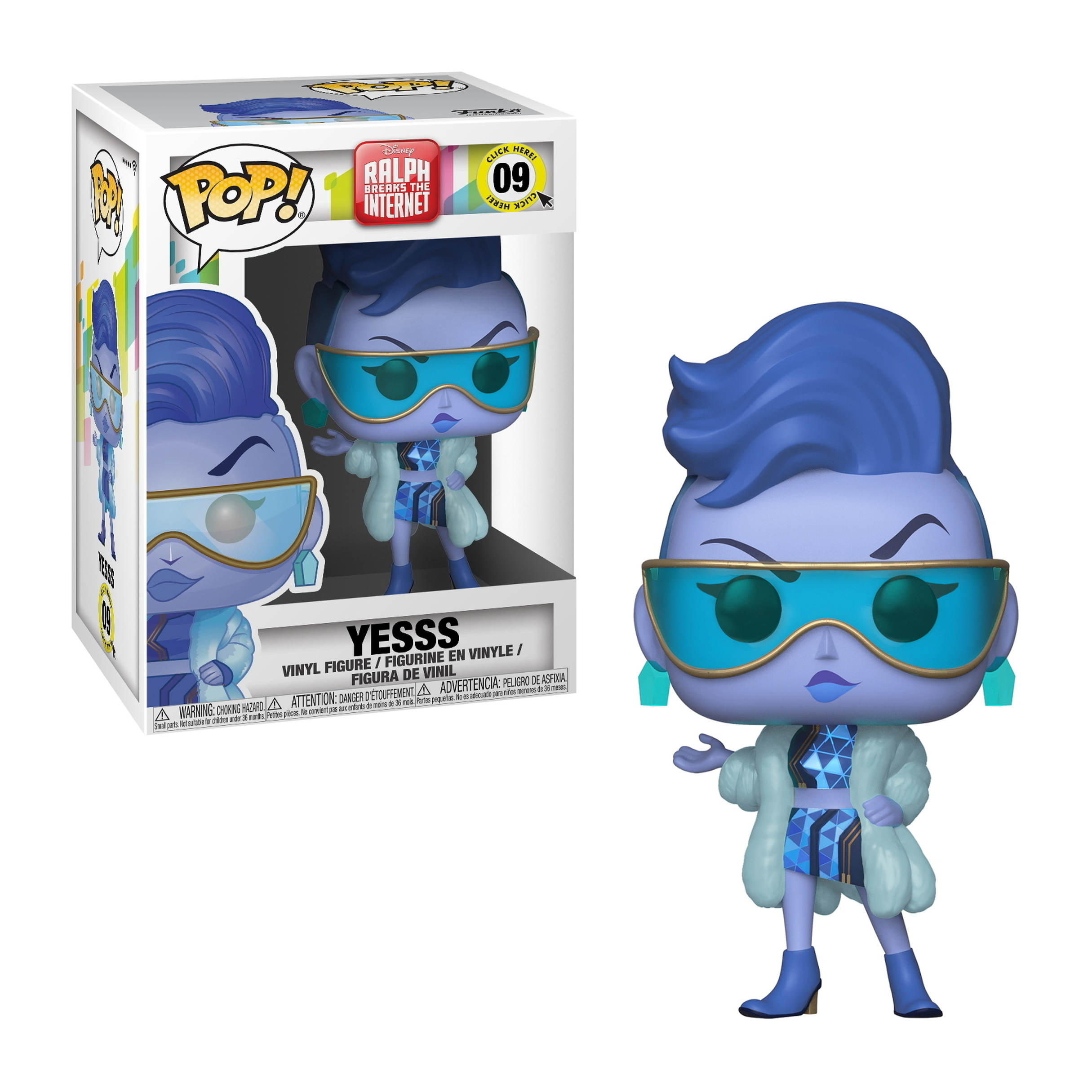 Yesss Funko Pop-Figur in einer Box. Die Figur trägt einen Mantel und hat blaue Haare.