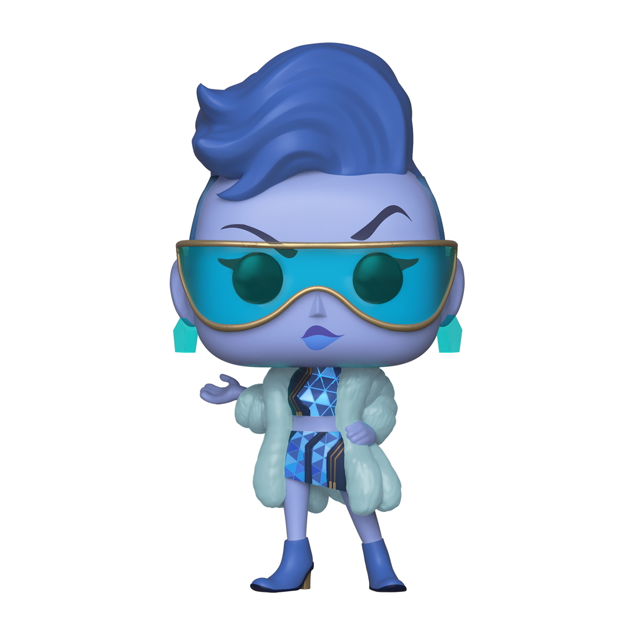 Funko Pop Figur einer Frau mit blauen Haaren, Sonnenbrille und einem weißen Pelzmantel.