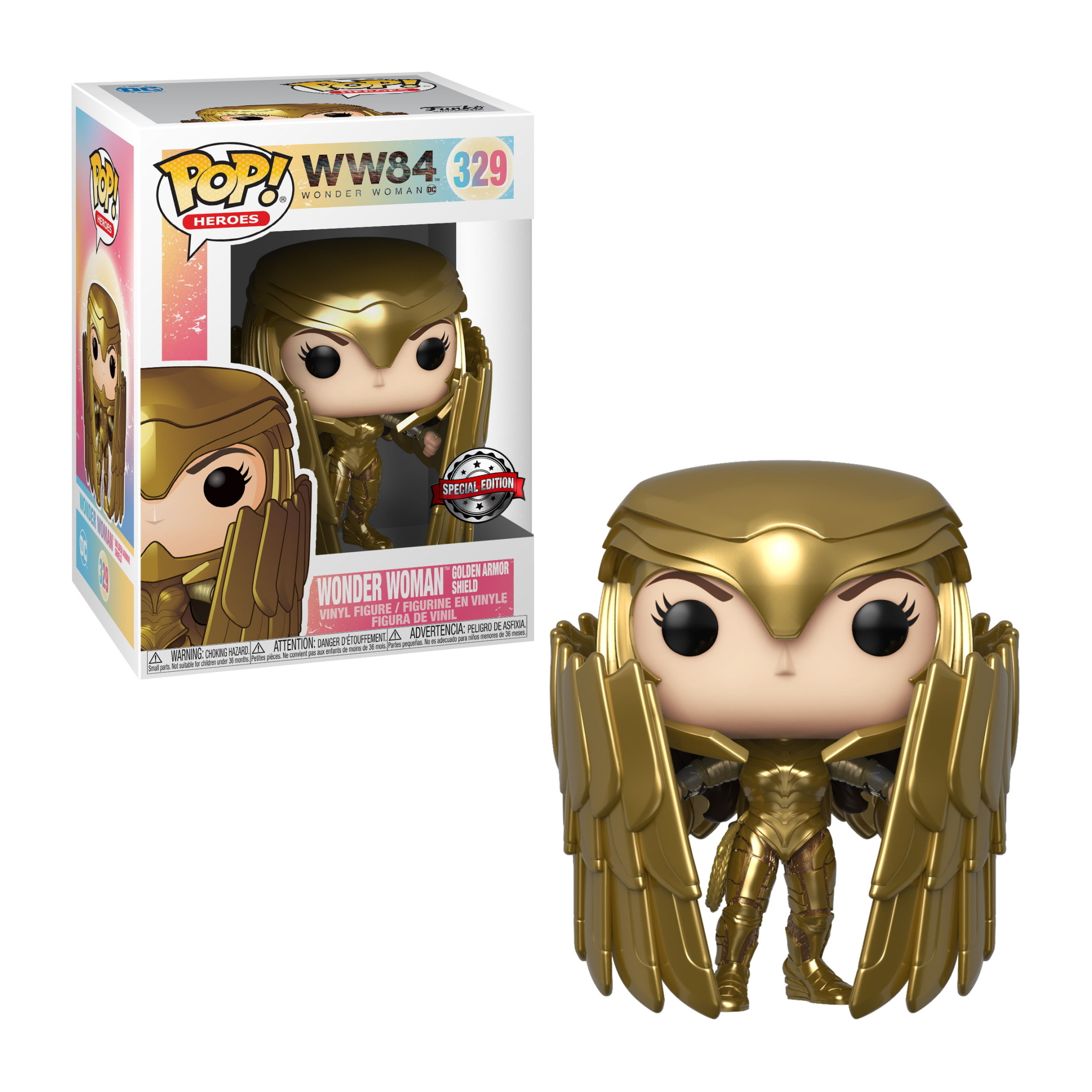 Figura de Wonder Woman con armadura dorada. Armadura dorada con alas. La caja muestra a Wonder Woman en armadura dorada.
