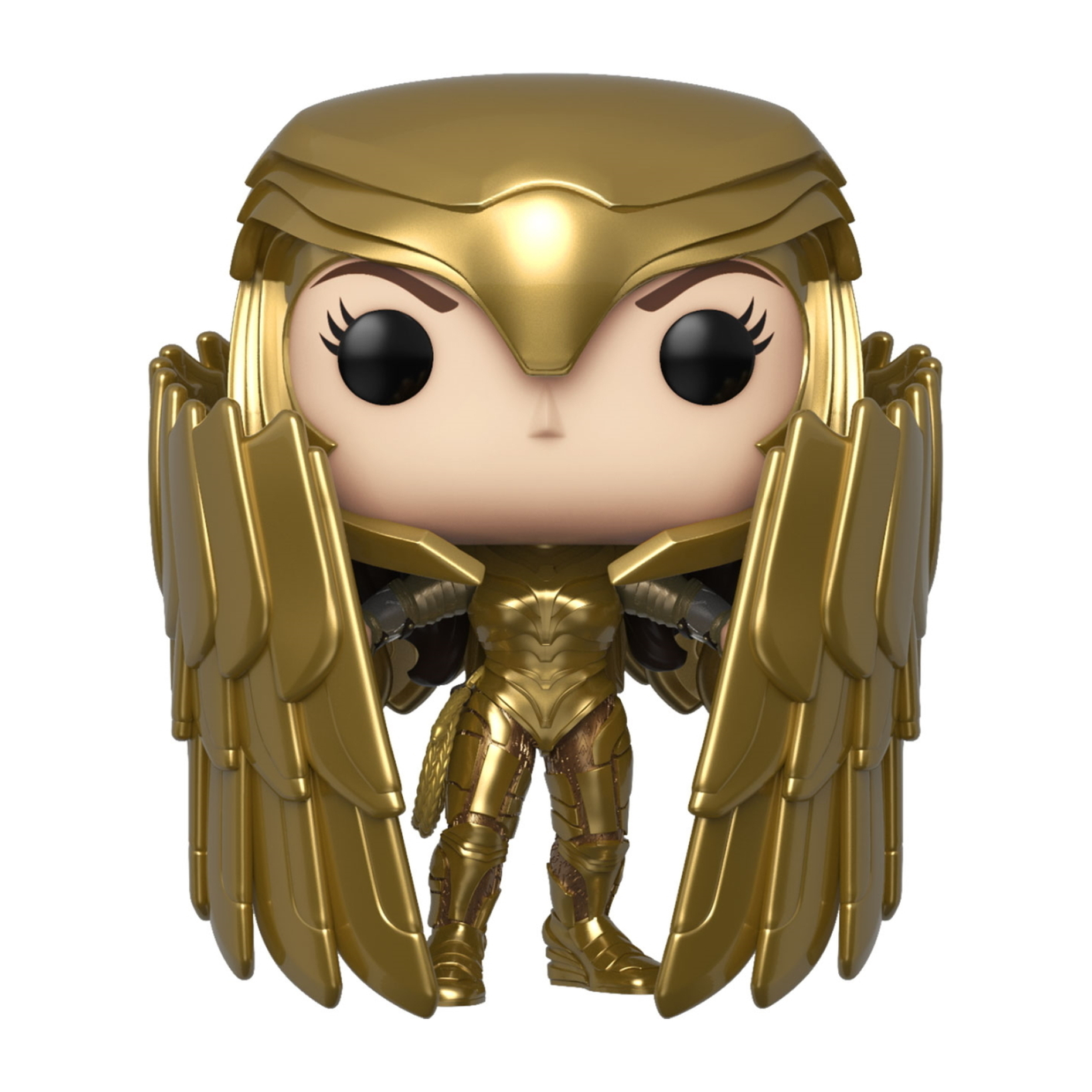 Figura Wonder Woman Funko Pop con armadura y alas doradas, posando con confianza.