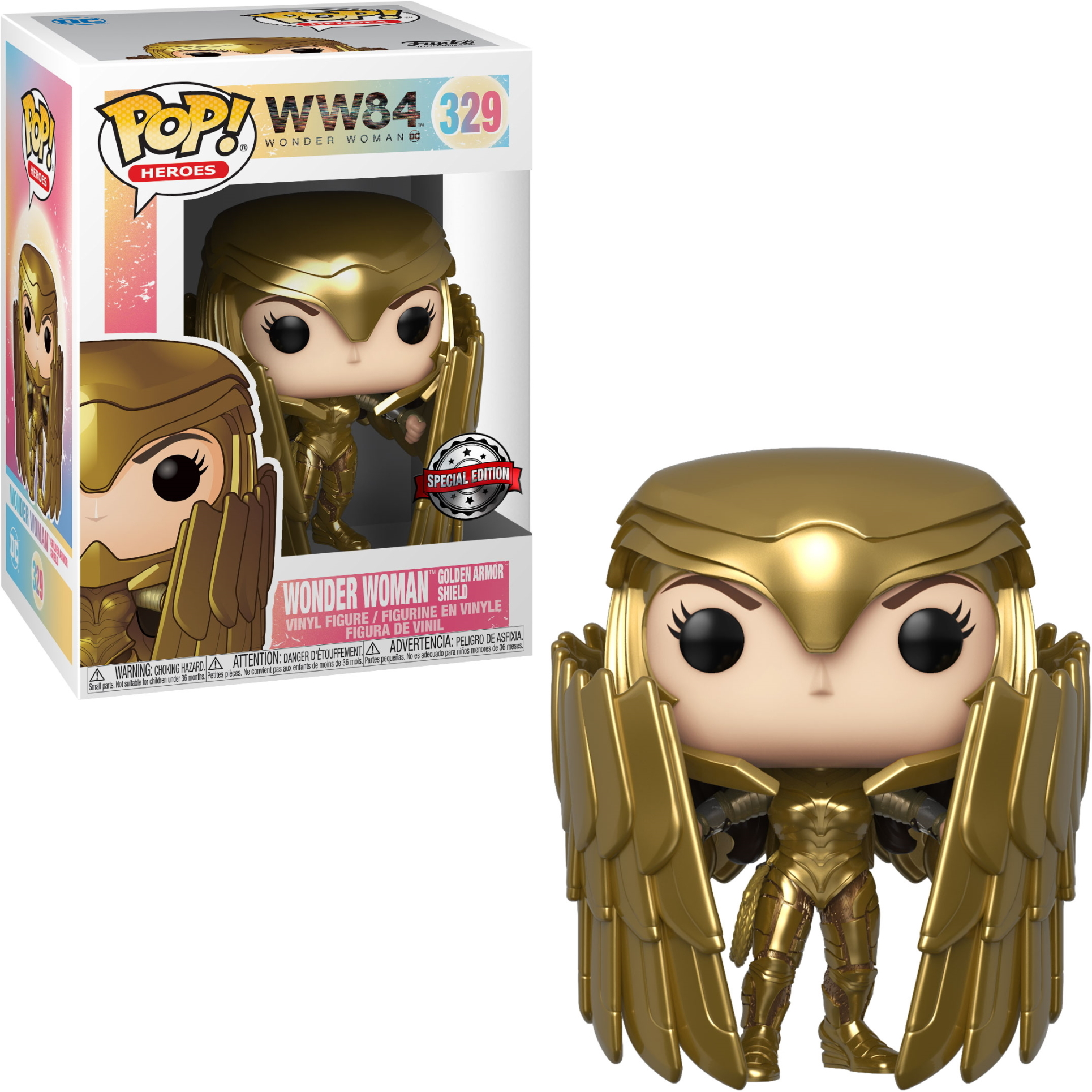 Figura Funko Pop de Wonder Woman con armadura dorada y alas, con caja del personaje.