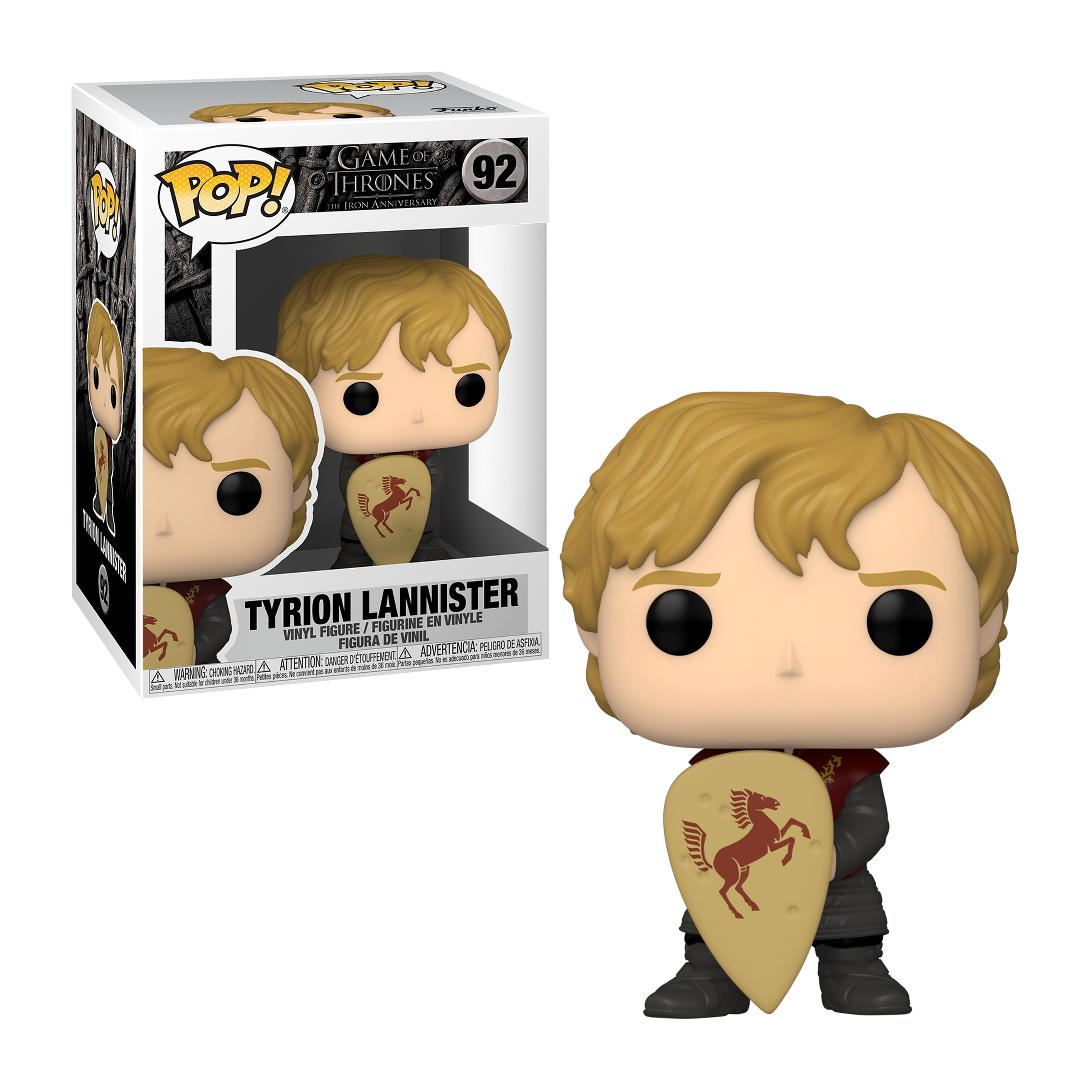 Tyrion Lannister Funko Pop Figur. Blondes Haar, hält einen Schild, mit Box mit Bild.