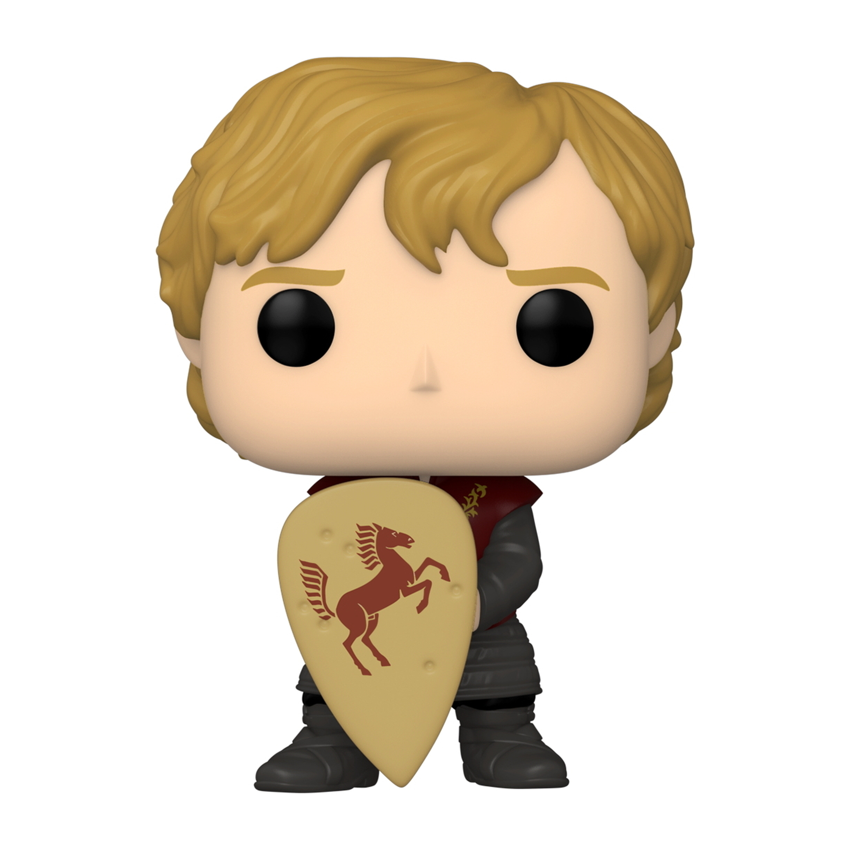 Joffrey Baratheon Figur mit blonden Haaren und Schild. Trägt Rüstung und hält einen Schild mit Pferdeemblem.