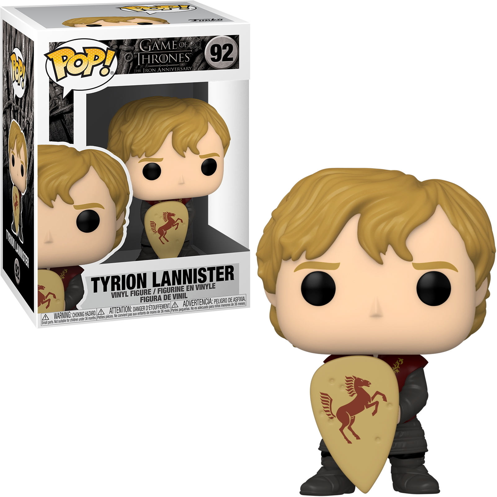Tyrion Lannister Funko Pop Figur mit Schild, neben der Box mit dem Bild.