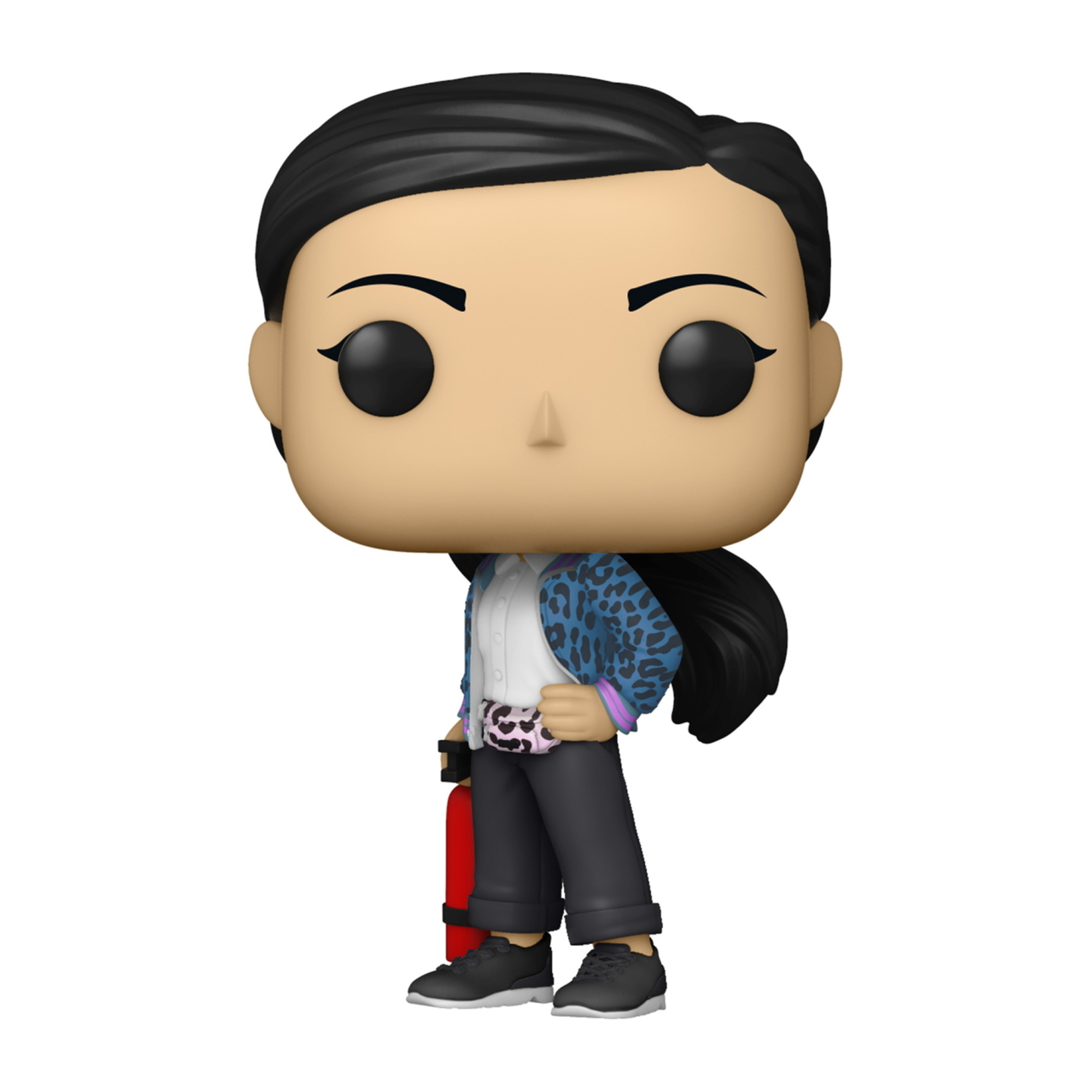 Kim Wexler Funko Pop Figur. Schwarzes Haar im Pferdeschwanz, hält eine rote Tasche, trägt schwarze Hose und blaues Hemd.