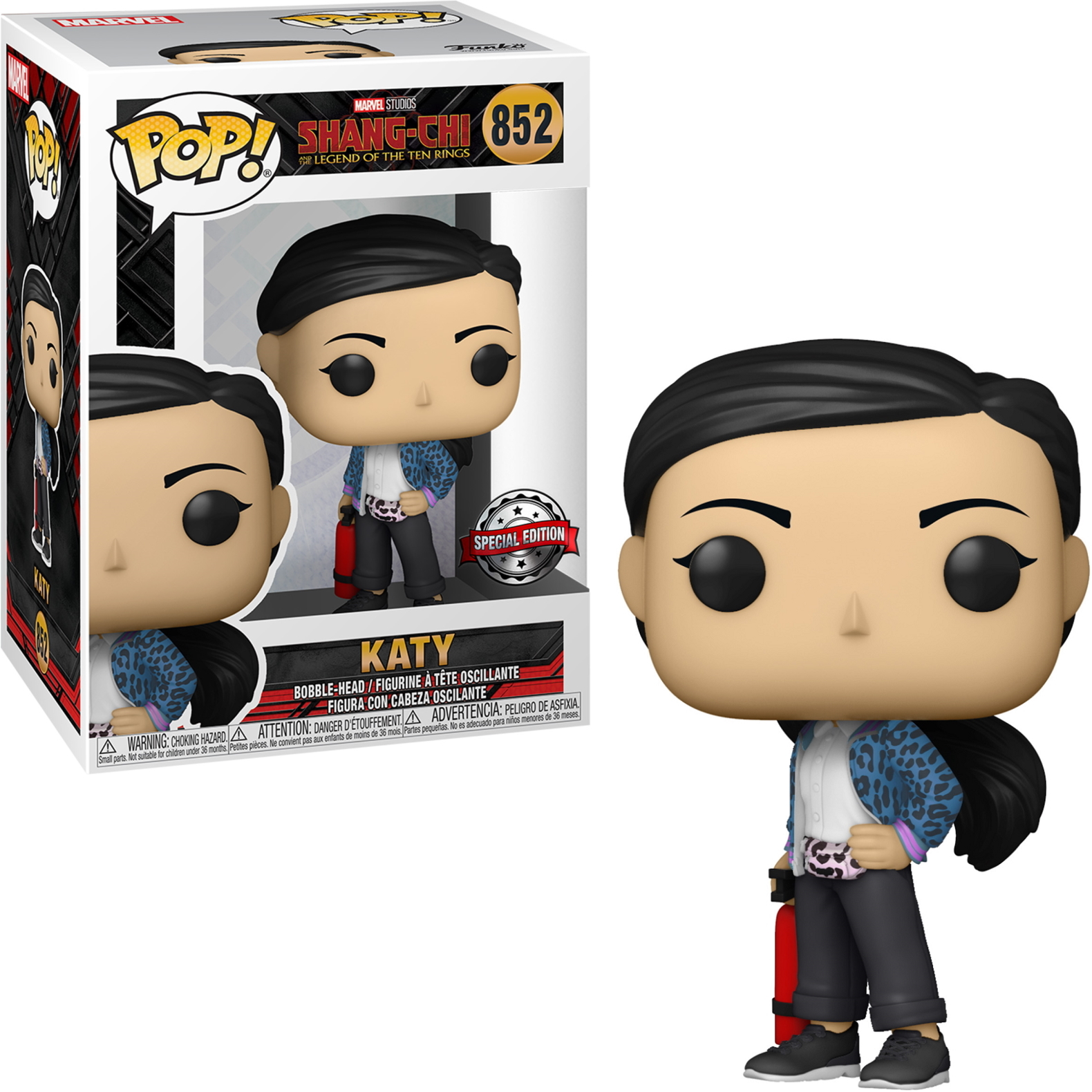 Eine Katy Shang-Chi Funko Pop Figur mit Box. Sie trägt eine Jacke, schwarze Hose und hält eine Tasche.