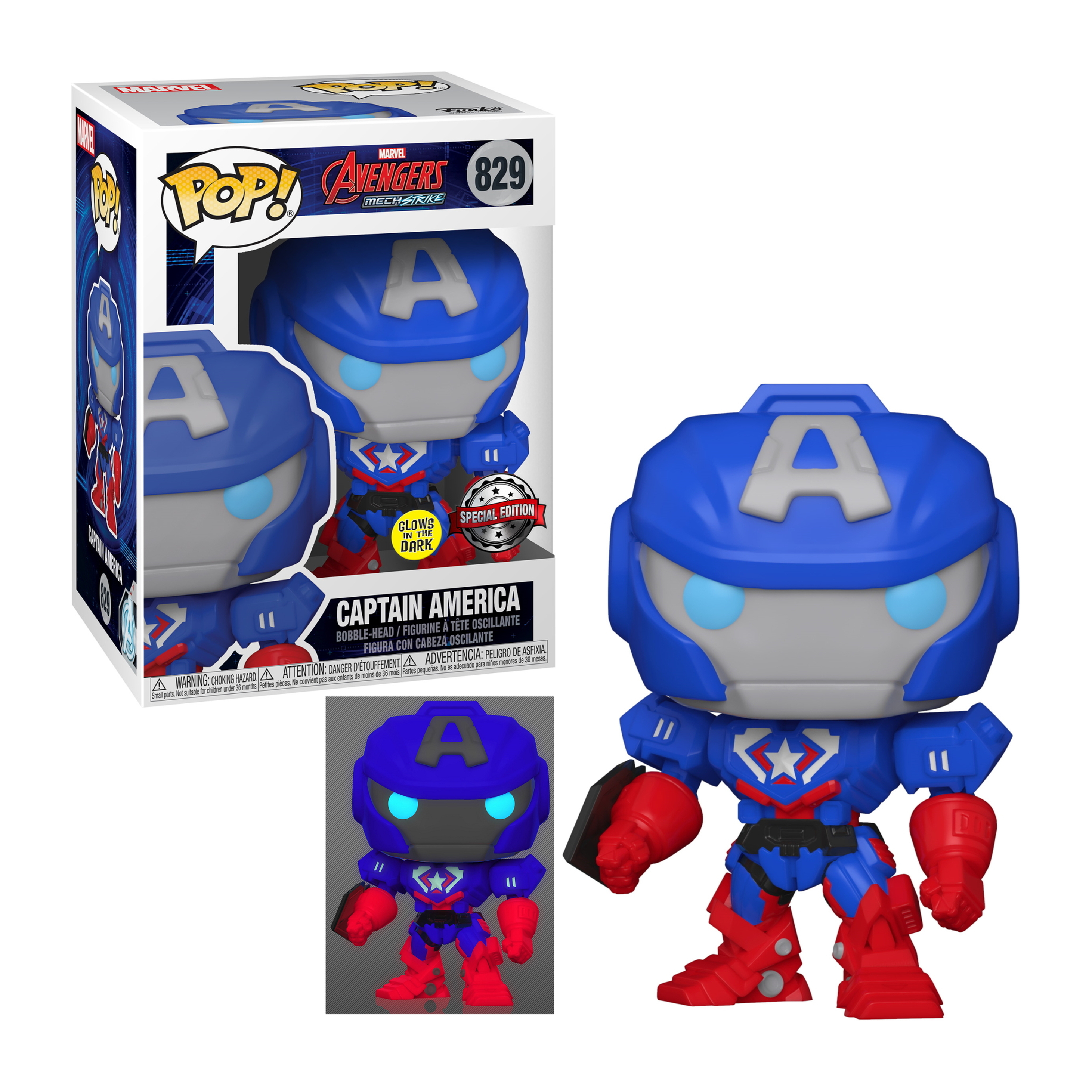 Captain America Figur in blauem und rotem Mech-Anzug, mit Box, leuchtend.