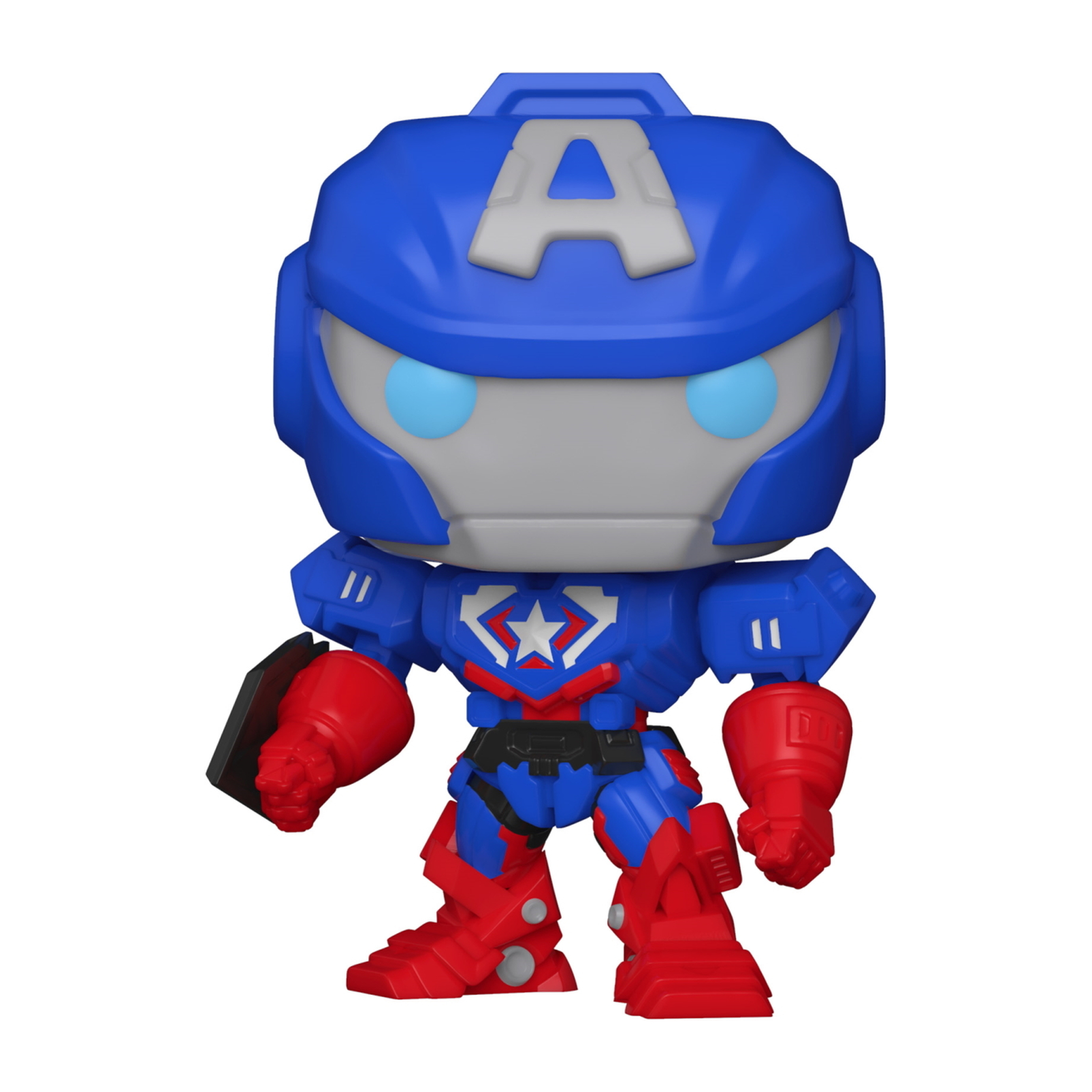 Blaue und rote Captain America Mech Figur mit blauem Helm und schildartigem Arm.