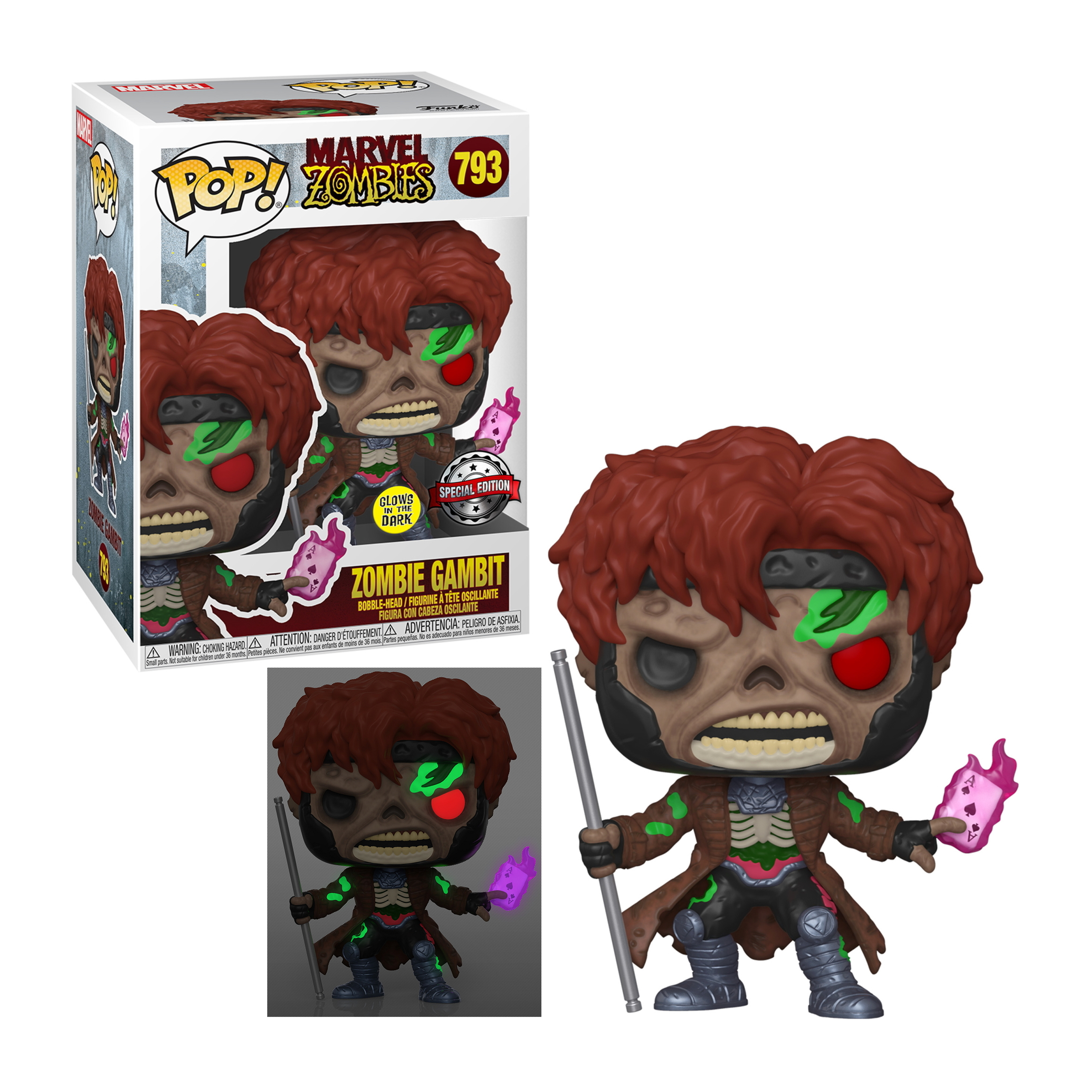 Zombie Gambit Pop Figur mit Box. Er ist eine Zombie-Version von Gambit, der einen Stab hält.