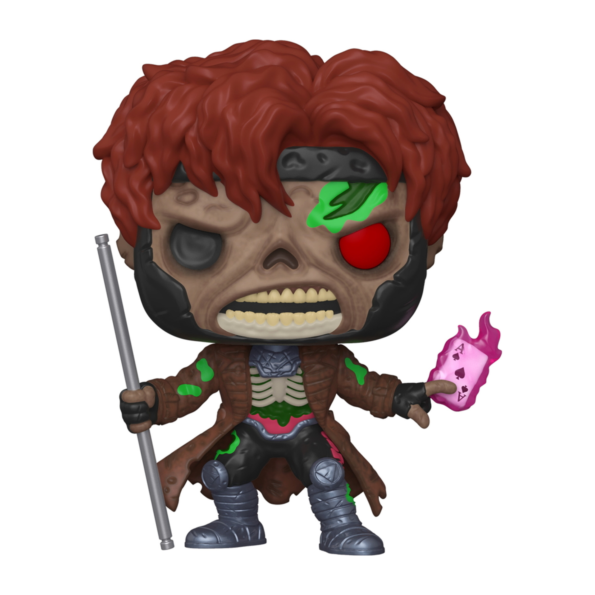 Zombie-Gambit-Figur. Zombie-Look, brauner Mantel, Stock, Spielkarte, ein Auge.