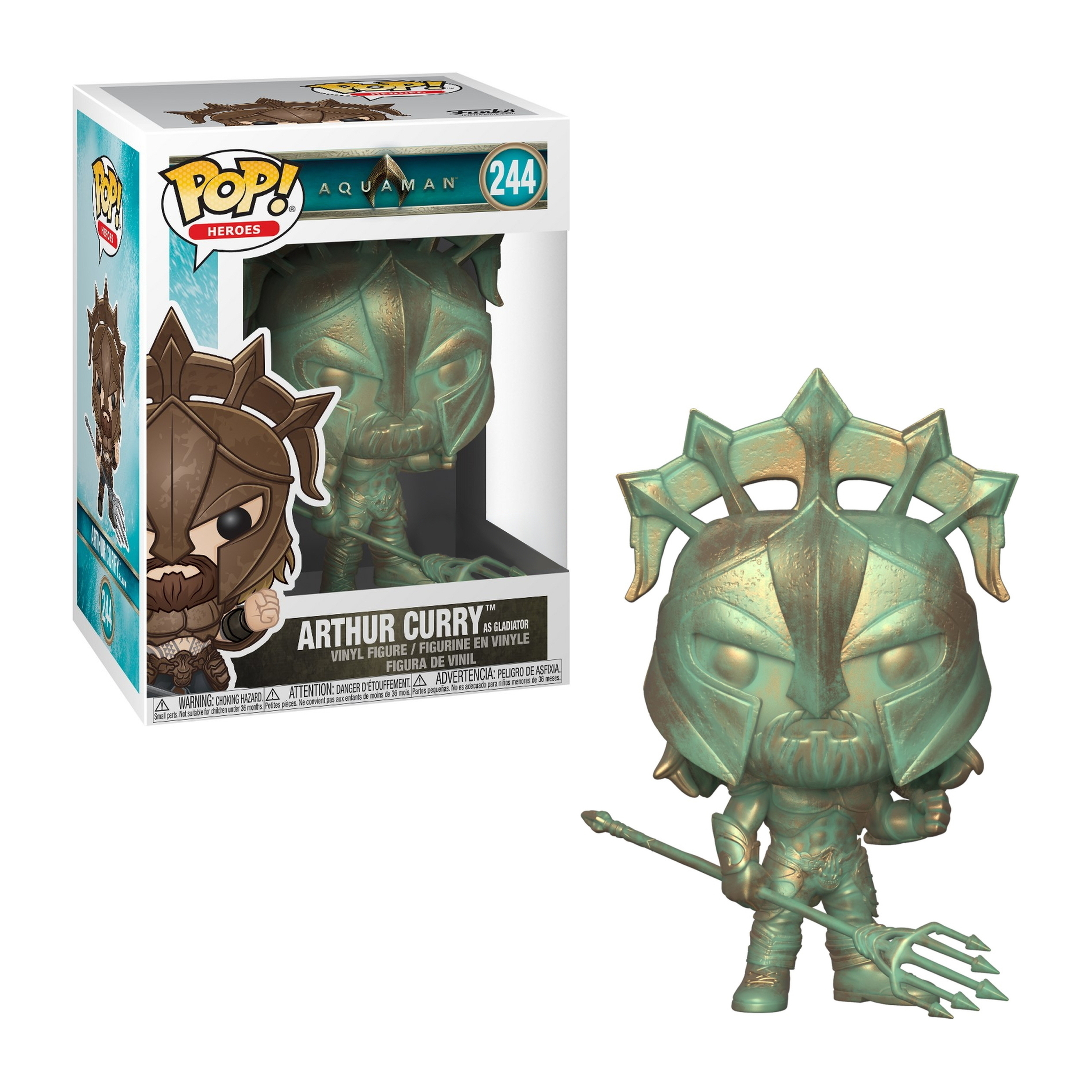 Aquaman Funko Pop Figur. Grüne und bronzefarbene Rüstung. Dreizack in der Hand. Box zeigt Figur.