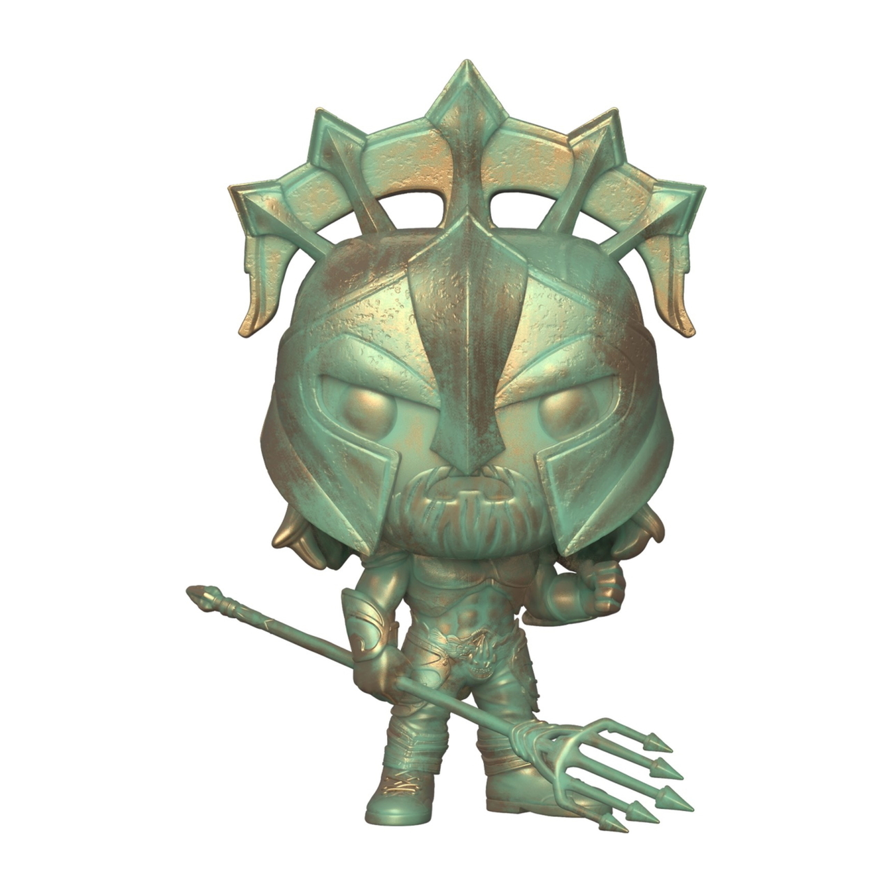 Grüne und bronzefarbene Aquaman-Figur mit Dreizack, Helm und Rüstung, vor weißem Hintergrund.