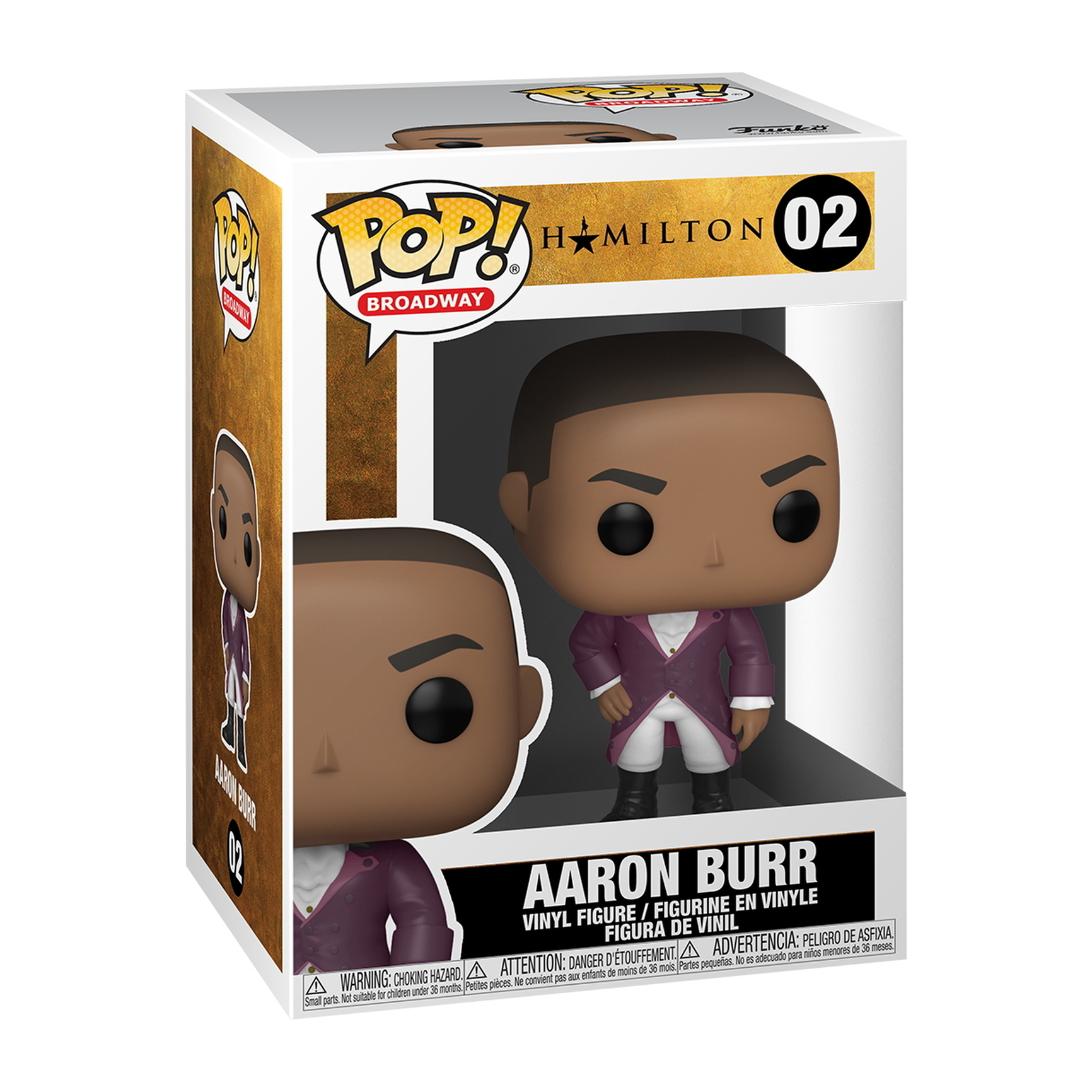 Aaron Burr Pop! Hamilton Figur in einer Box, schwarze Haare, lila Mantel, mit Funko Aufkleber.