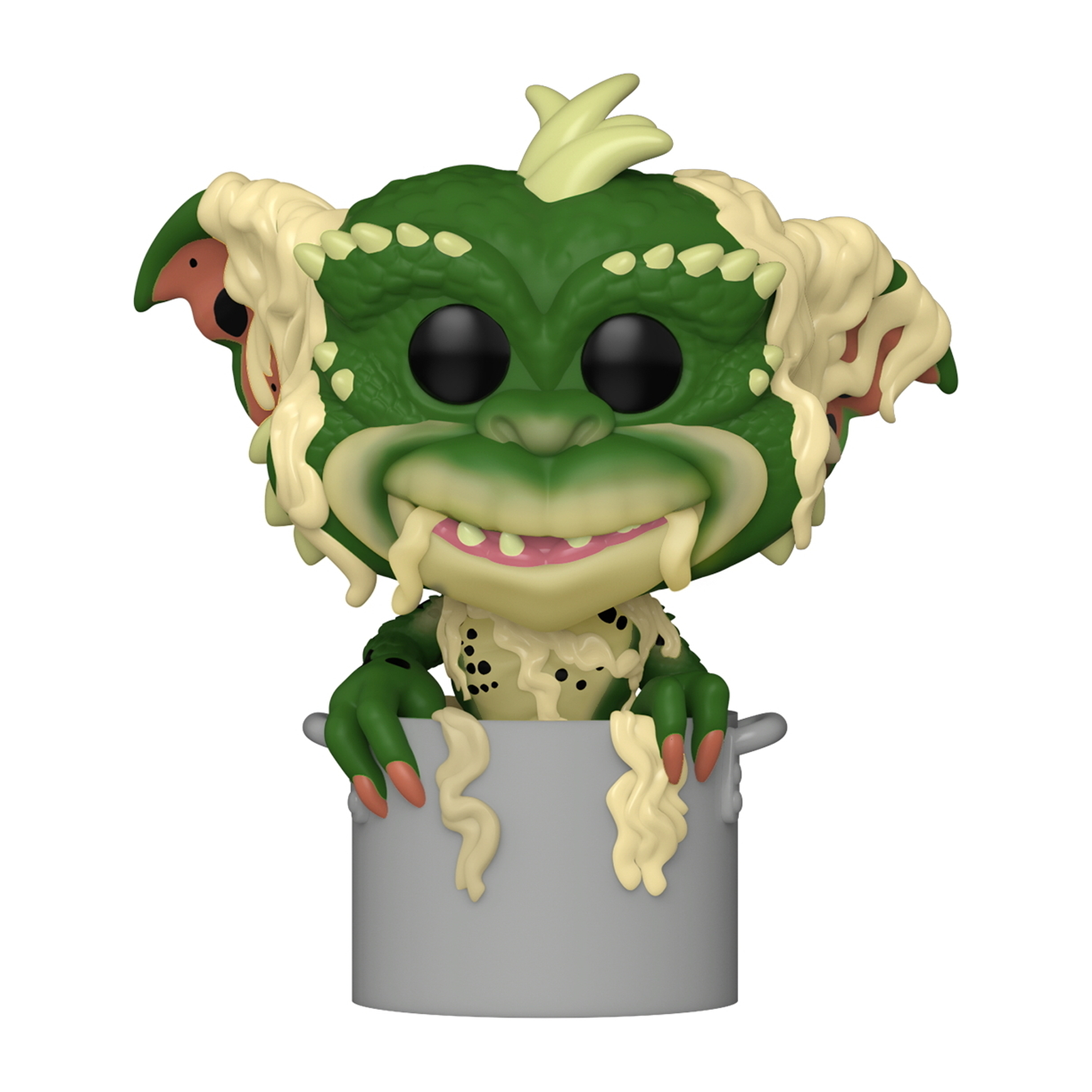 Grüne Gremlin-Figur in einem Topf. Es hat cremefarbenes Haar und sabbert. Der Topf ist grau.