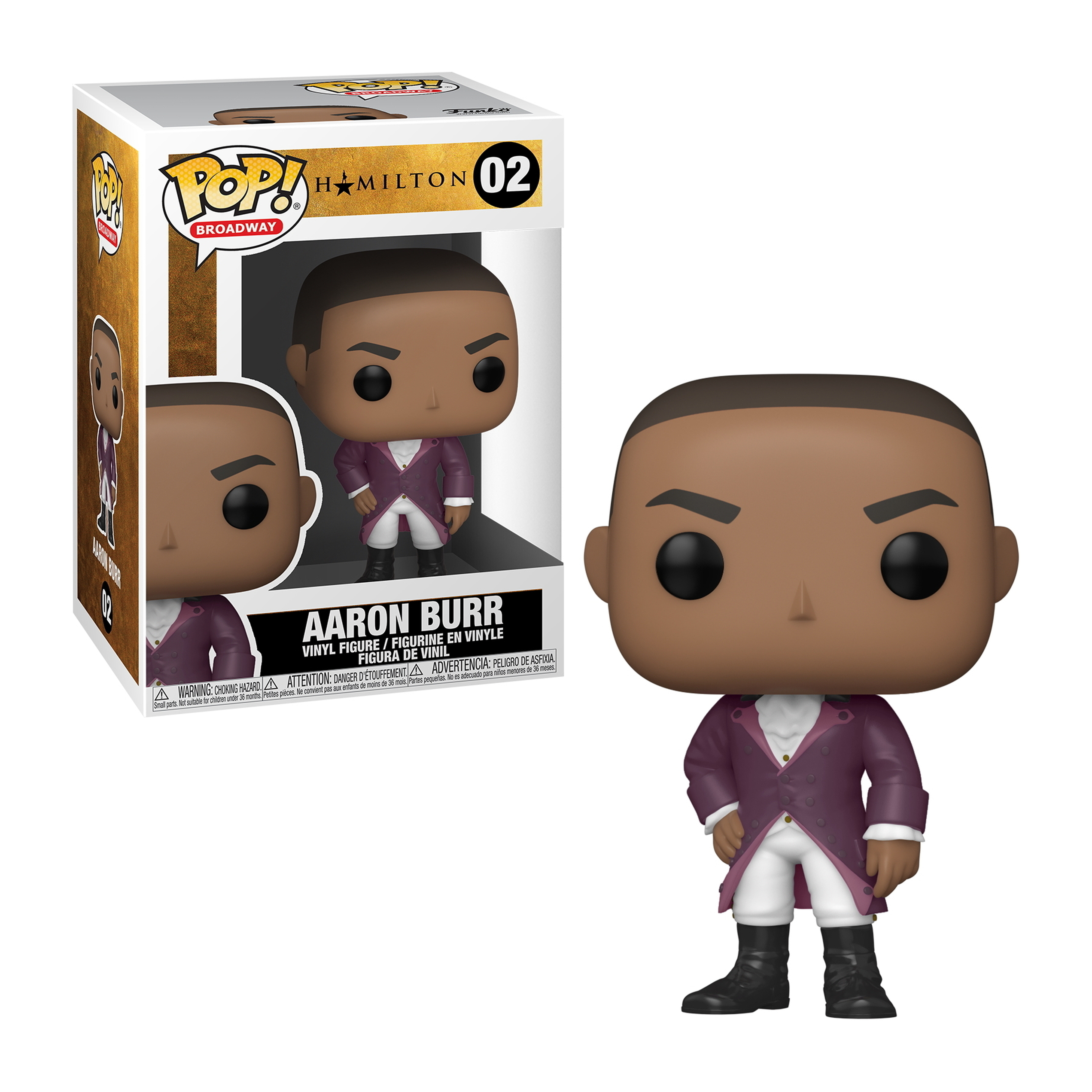 Aaron Burr Funko Pop Figur. Trägt einen lila Mantel und ein weißes Hemd. Die Figur steht in einer Box.
