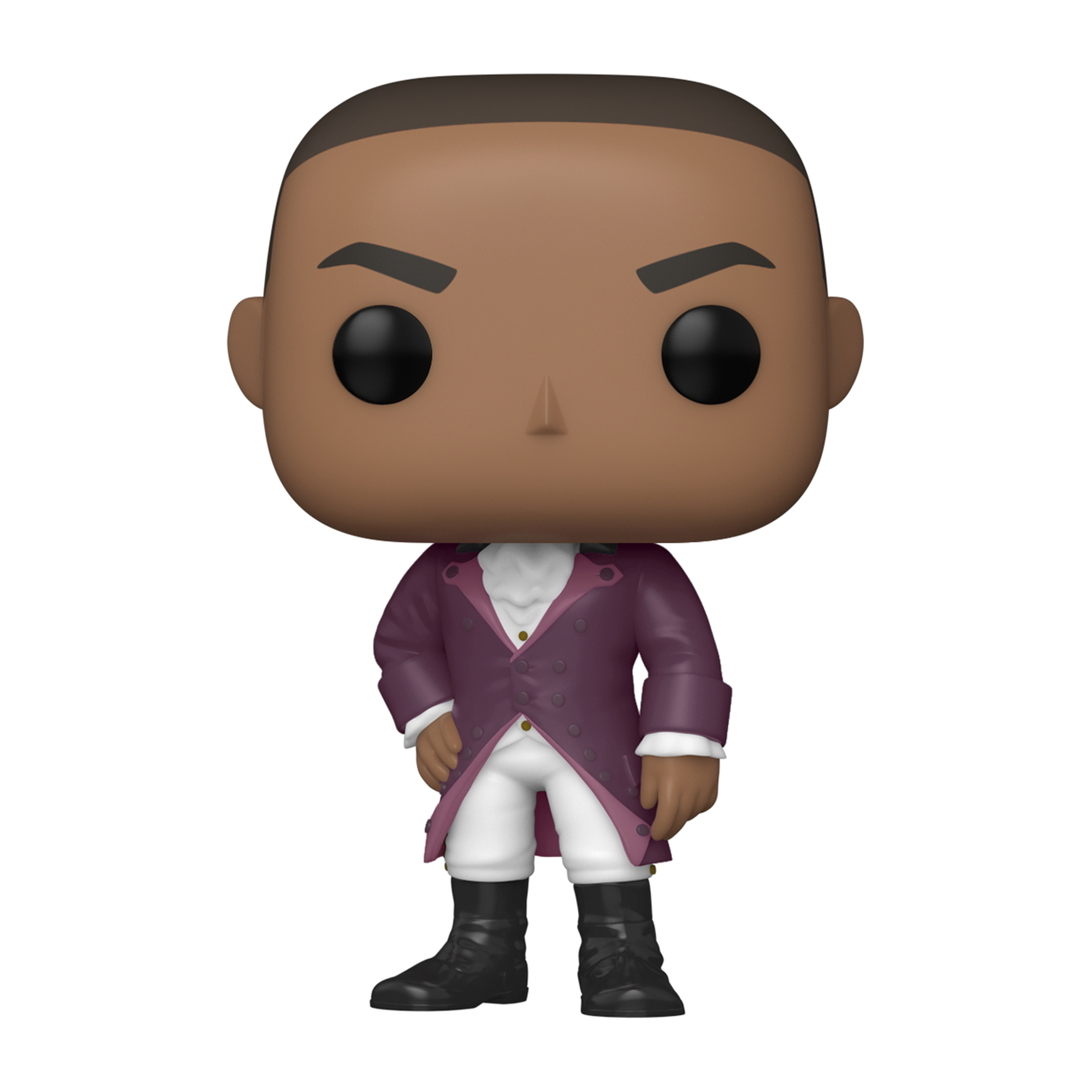 Eine Funko Pop-Figur eines Mannes in einem lila Mantel, weißem Hemd und schwarzen Stiefeln.