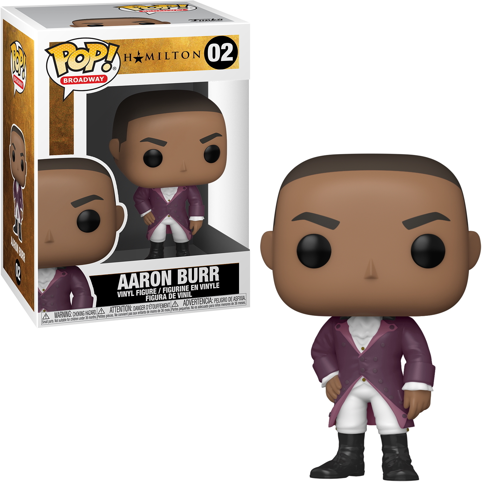 Eine Funko Pop Figur von Aaron Burr aus Hamilton, mit seiner Box im Hintergrund.