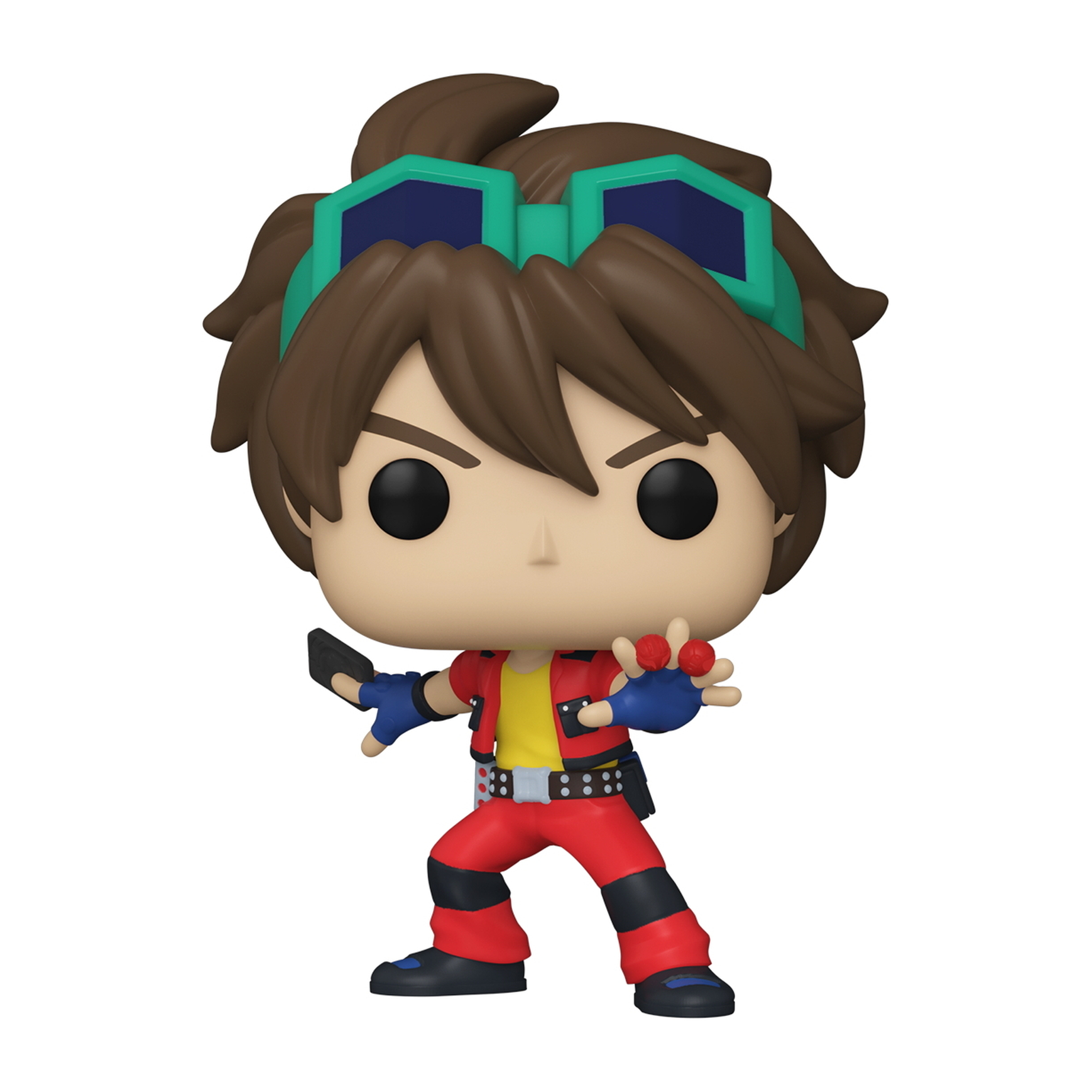 Eine Funko Pop Figur von Dan Kouzo aus Bakugan, mit dynamischer Pose, eine Karte haltend.
