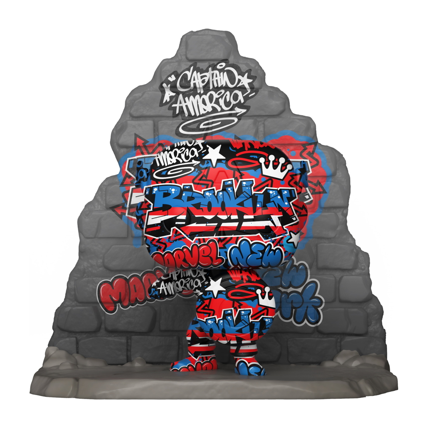 Captain America Funko Pop-Figur mit Graffiti-Design vor einer Backsteinmauer.