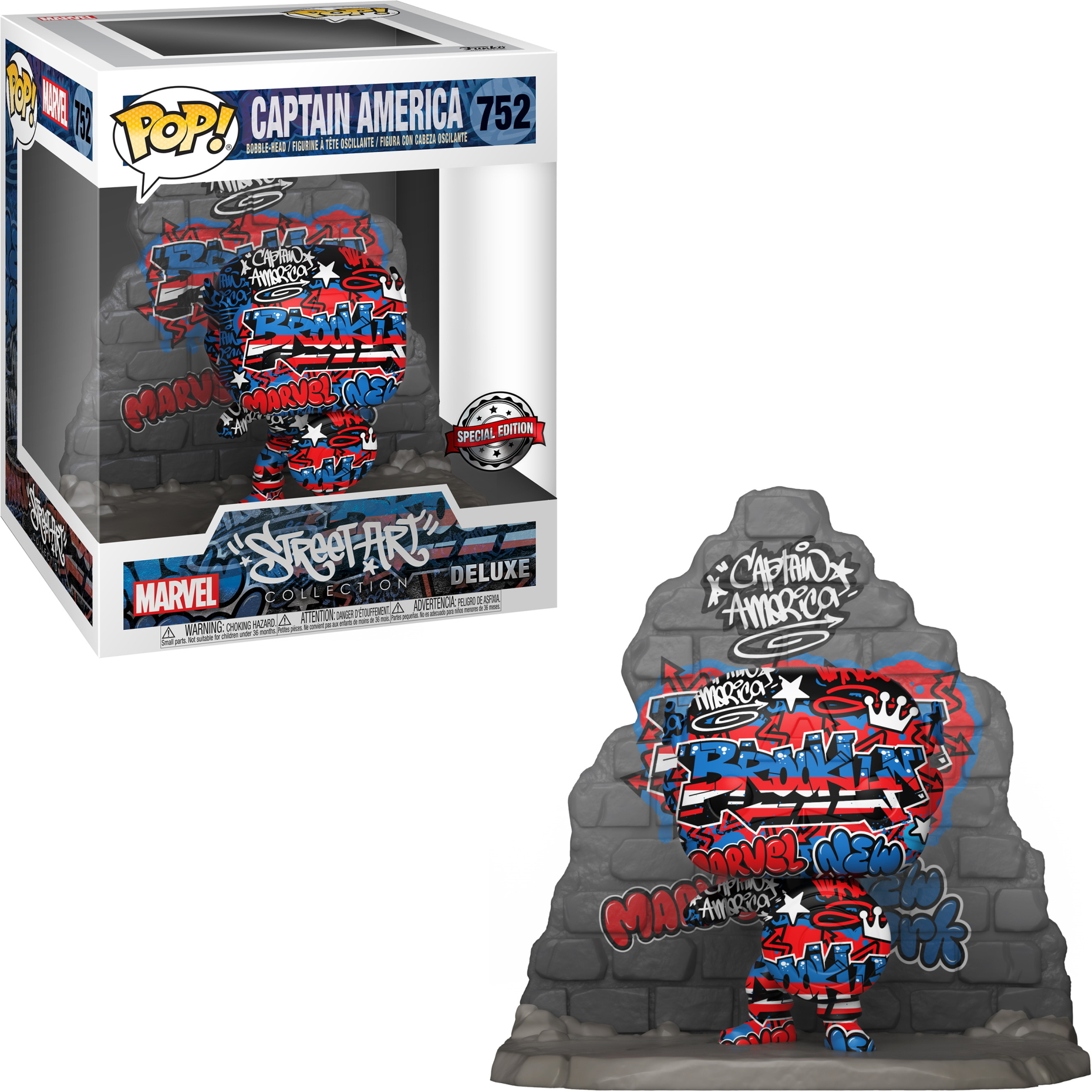 Captain America Funko Pop. Die Figur ist mit Graffiti bedeckt und steht vor einer Backsteinmauer.