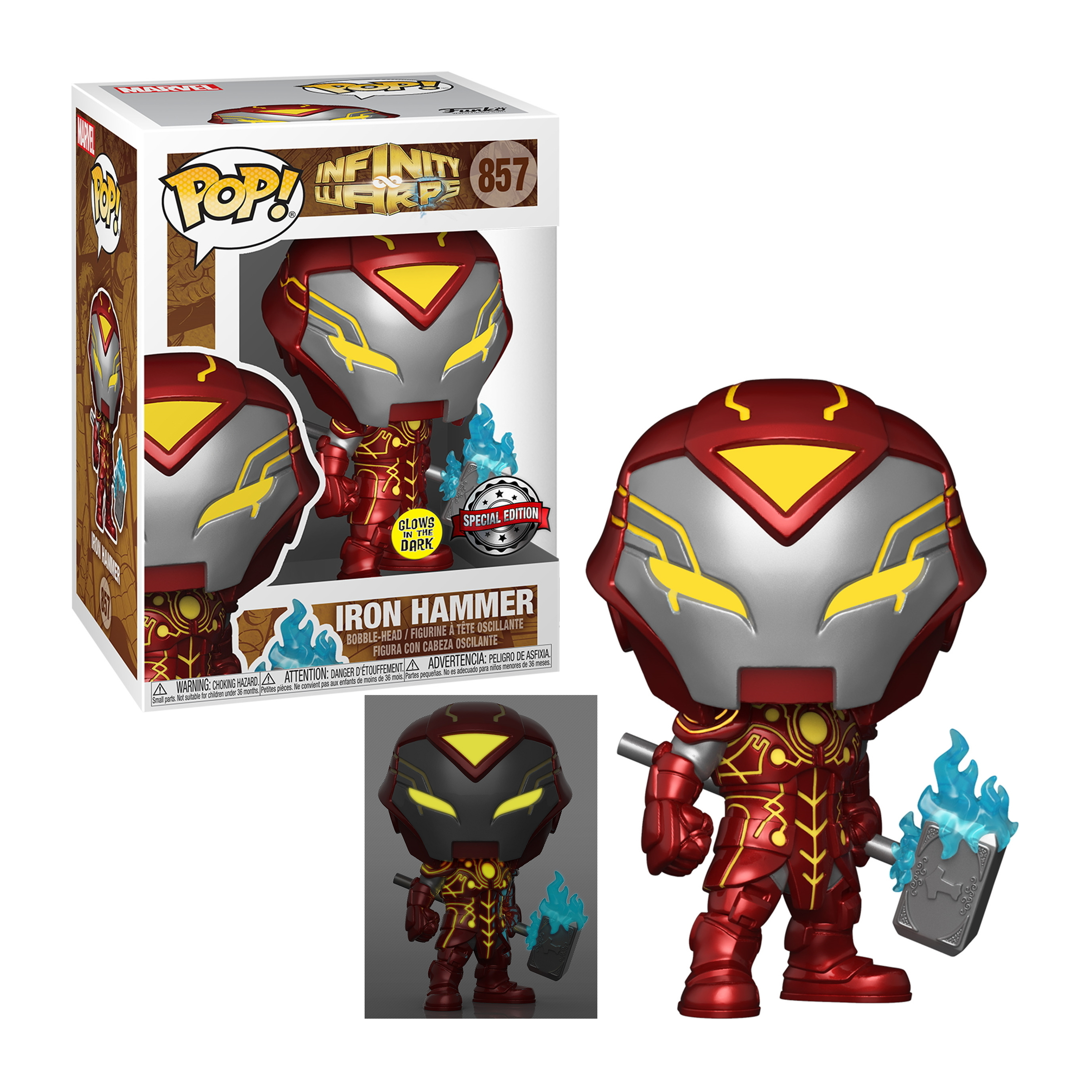 Iron Hammer Marvel Figur mit roter Rüstung und einem Hammer. Box links.