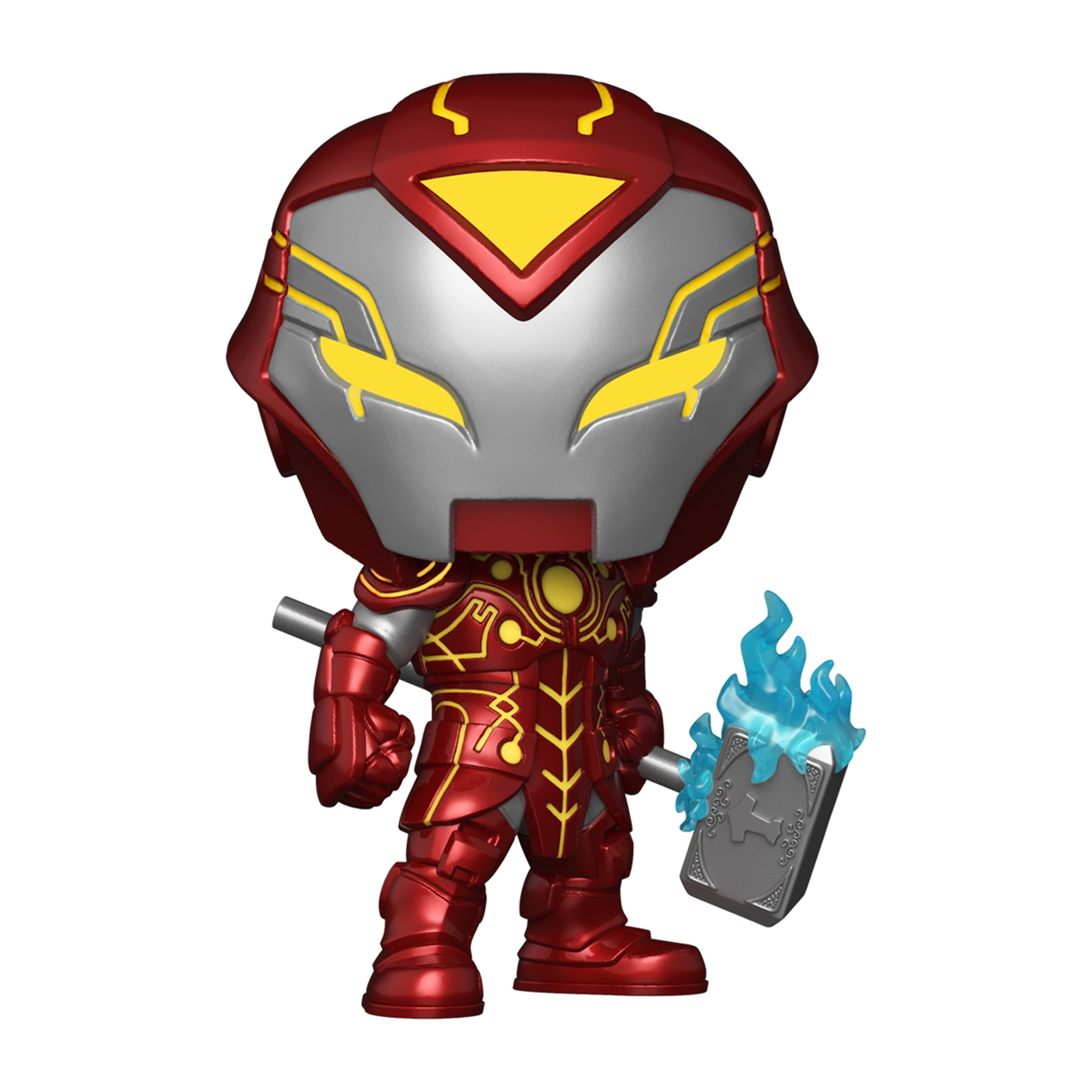 Iron Man Funko Pop Figur mit Hammer, in rotem und goldenem Anzug. Blaue Energie vom Hammer.