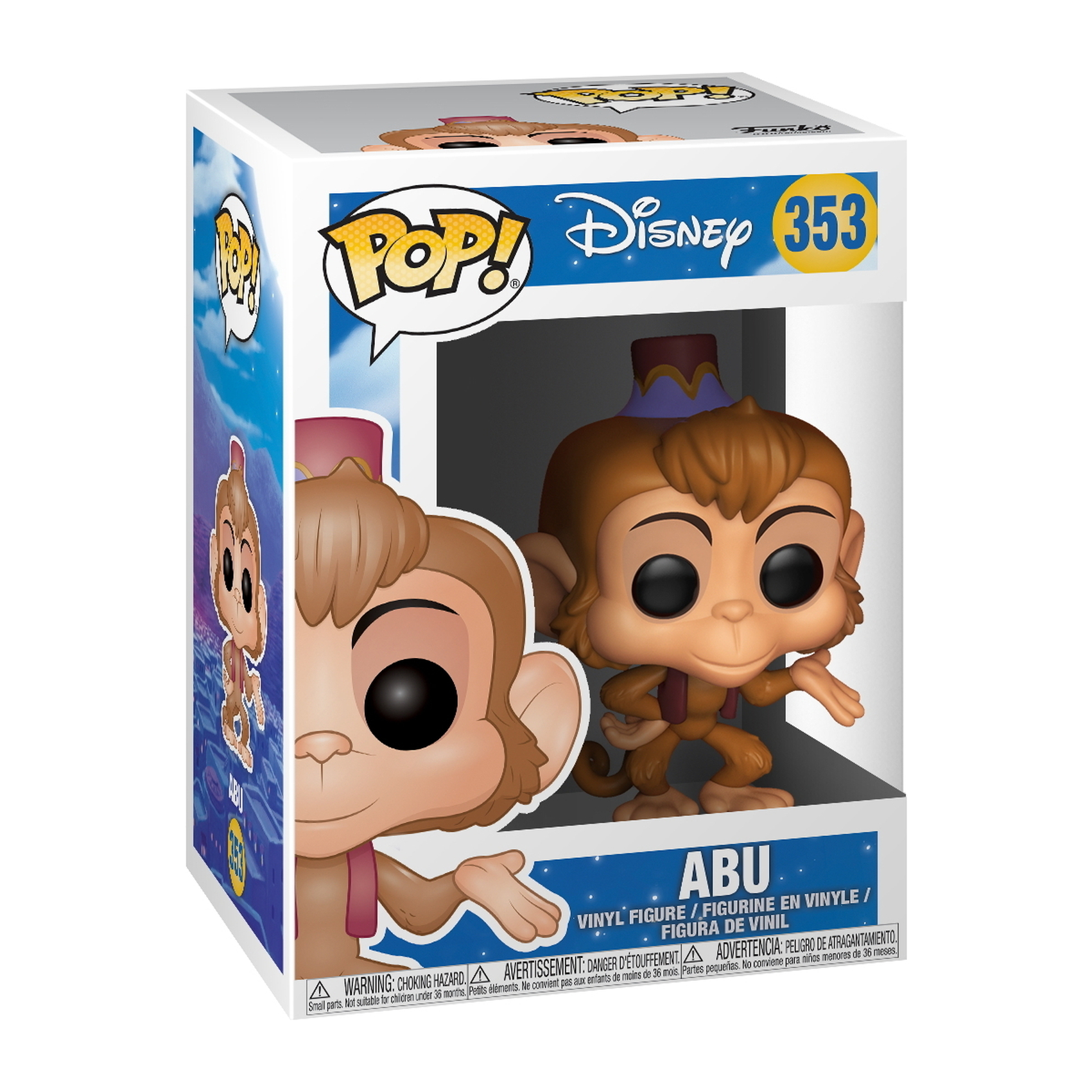 Abu Funko Pop Figur in der Box. Die Figur ist braun mit rosa Outfit. Die Box sagt Disney.