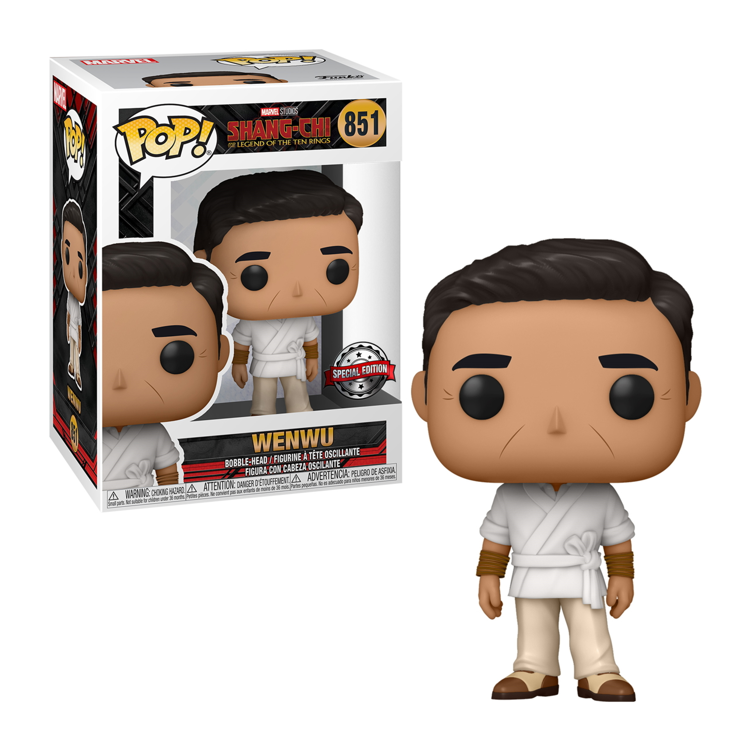 Funko Pop-Figur von Wenwu aus Shang-Chi, in weißem Outfit, mit Verpackung.