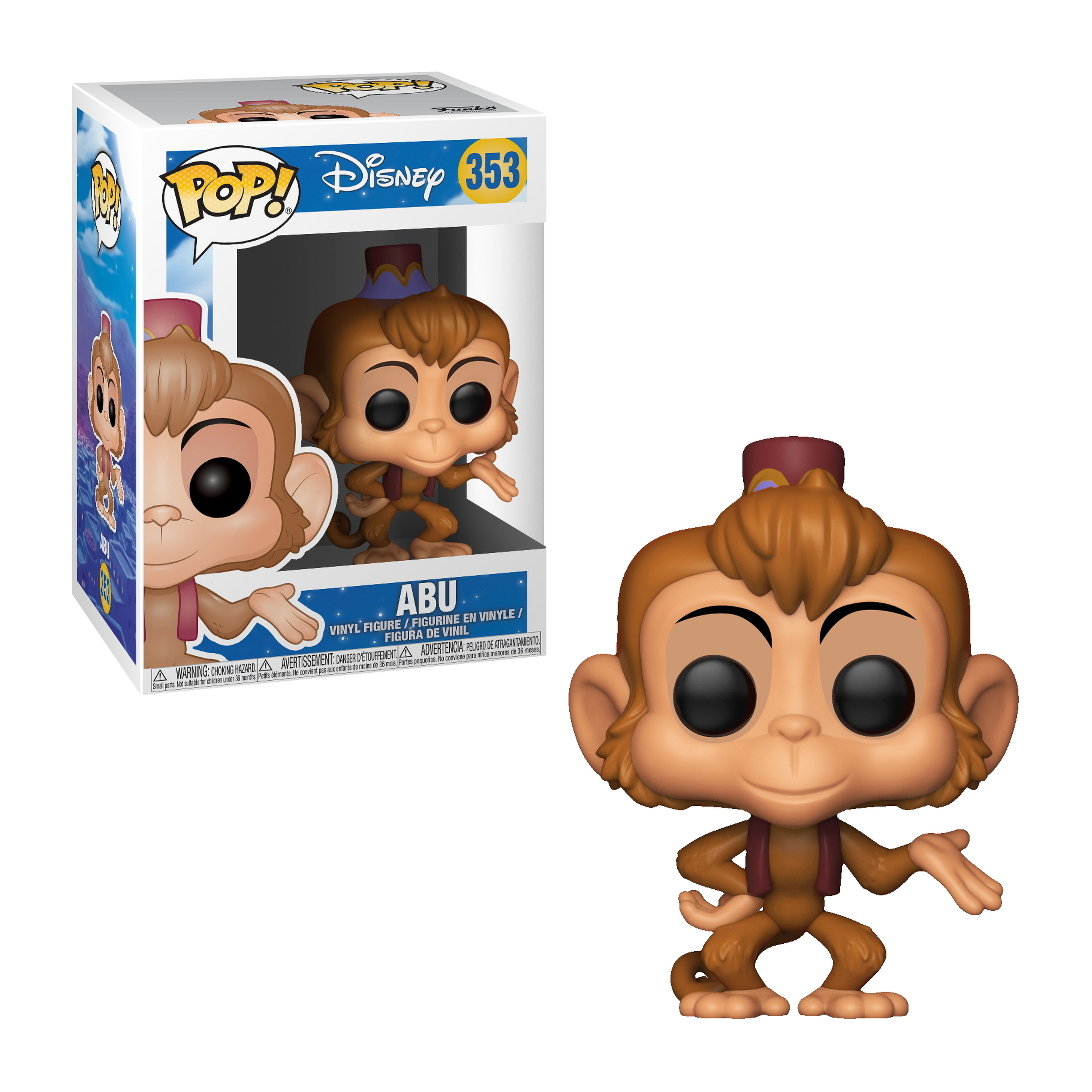 Abu Funko Pop Figur. Brauner Affe mit lila Weste, Fez und Händen hoch. Box zeigt das Charakterbild.