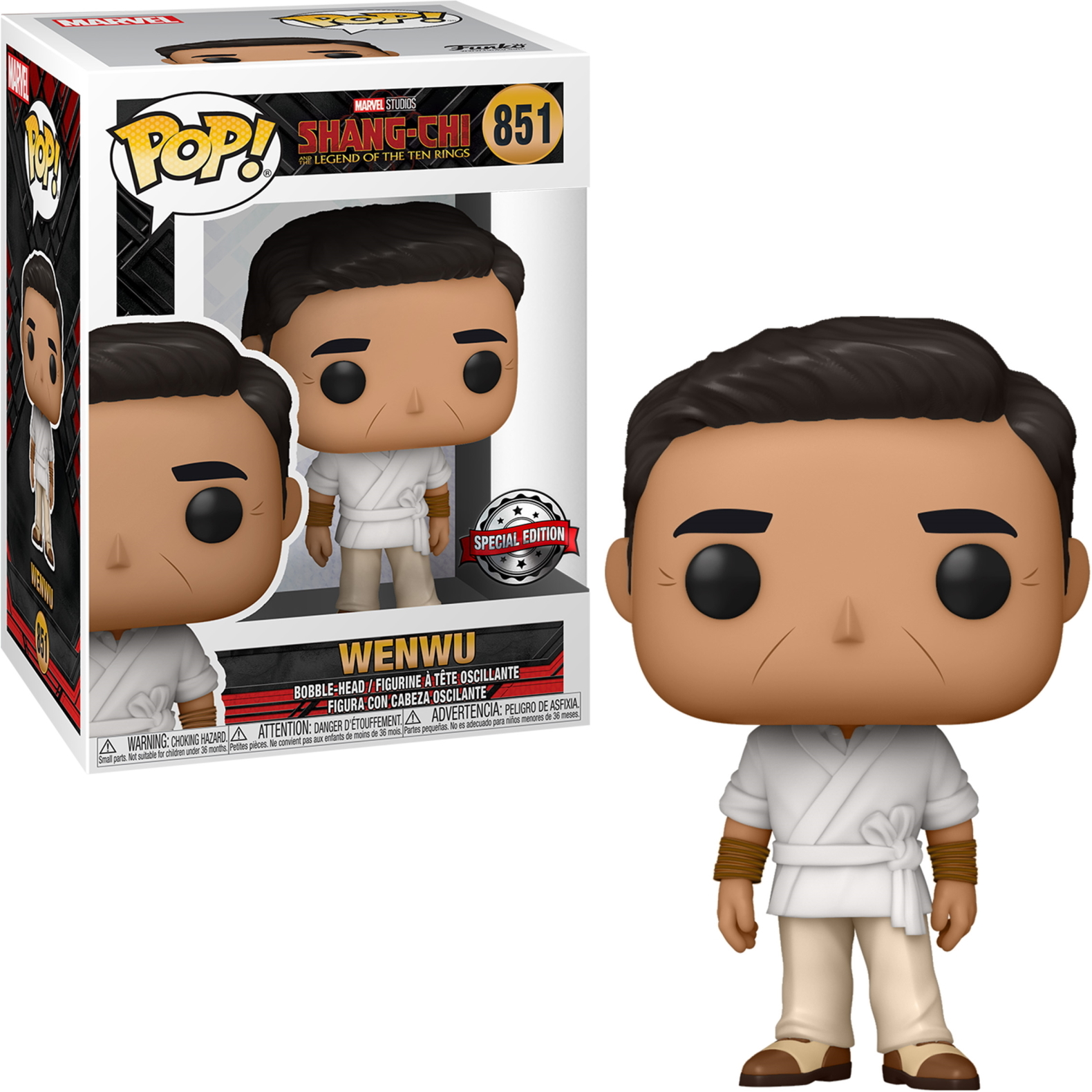 Wenwu Figur von Shang-Chi, Funko Pop, in Box und draußen.