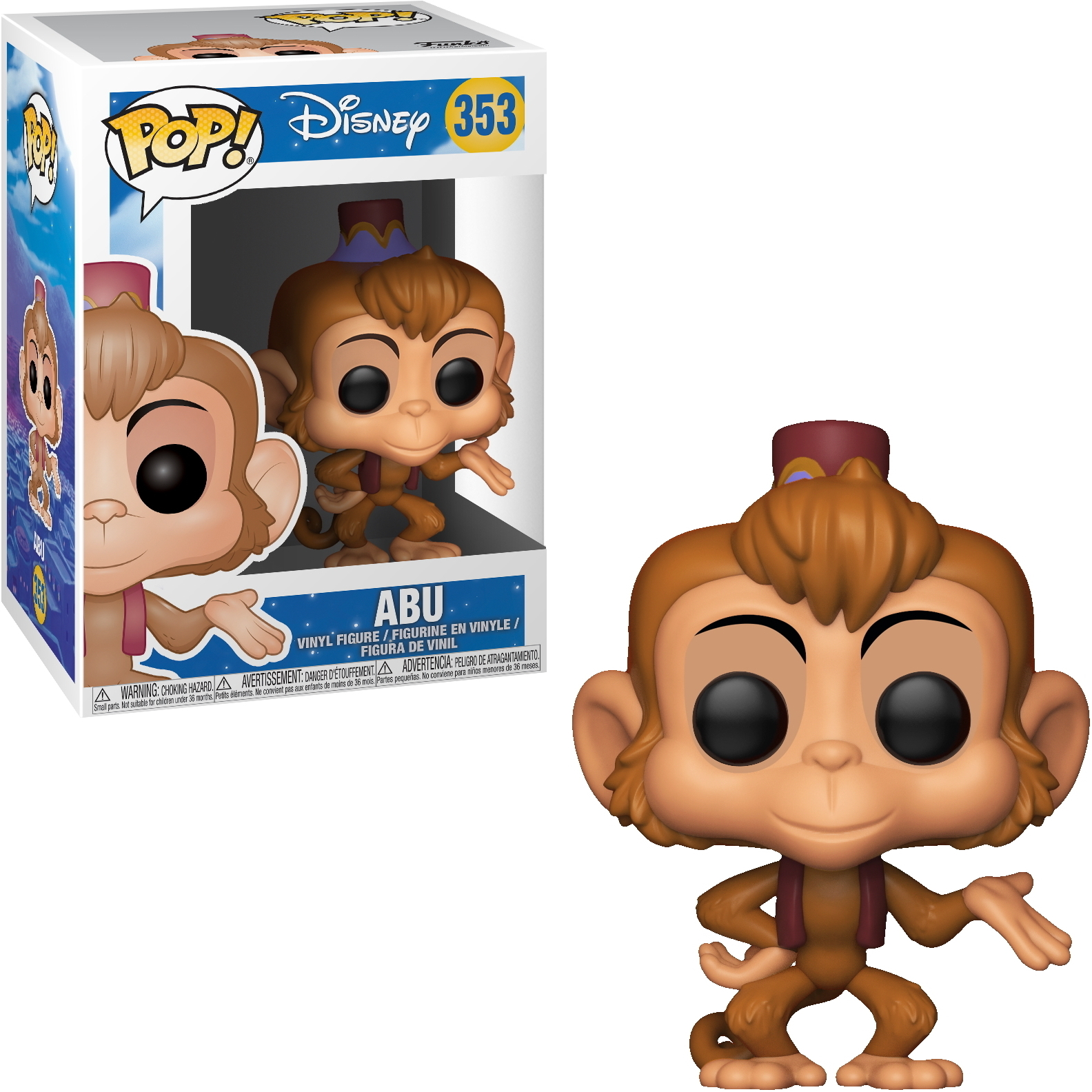 Abu aus Aladdin Funko Pop Figur. Brauner Affe mit roter Weste und lila Fez. Box enthalten.